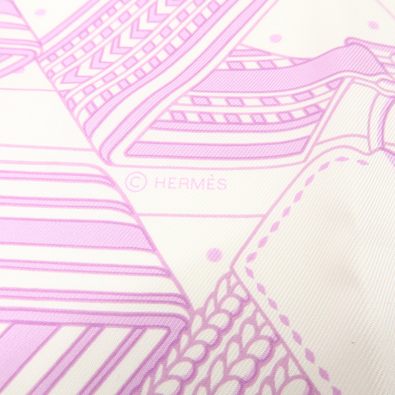 HERMES Carre 55 Silk 100% Scarf SANGLEA EN ZIGZAG Purple White