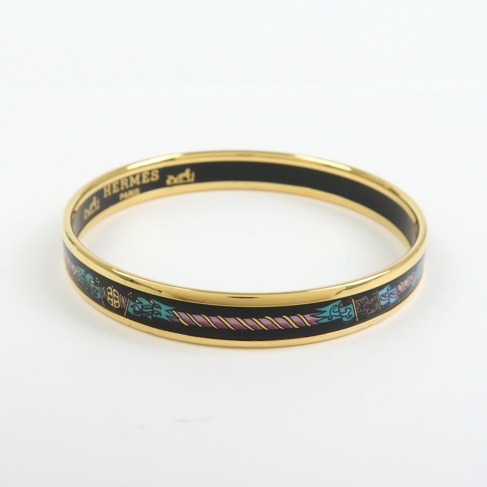 HERMES Email PM Plated Bracelet Bangle Black Gold