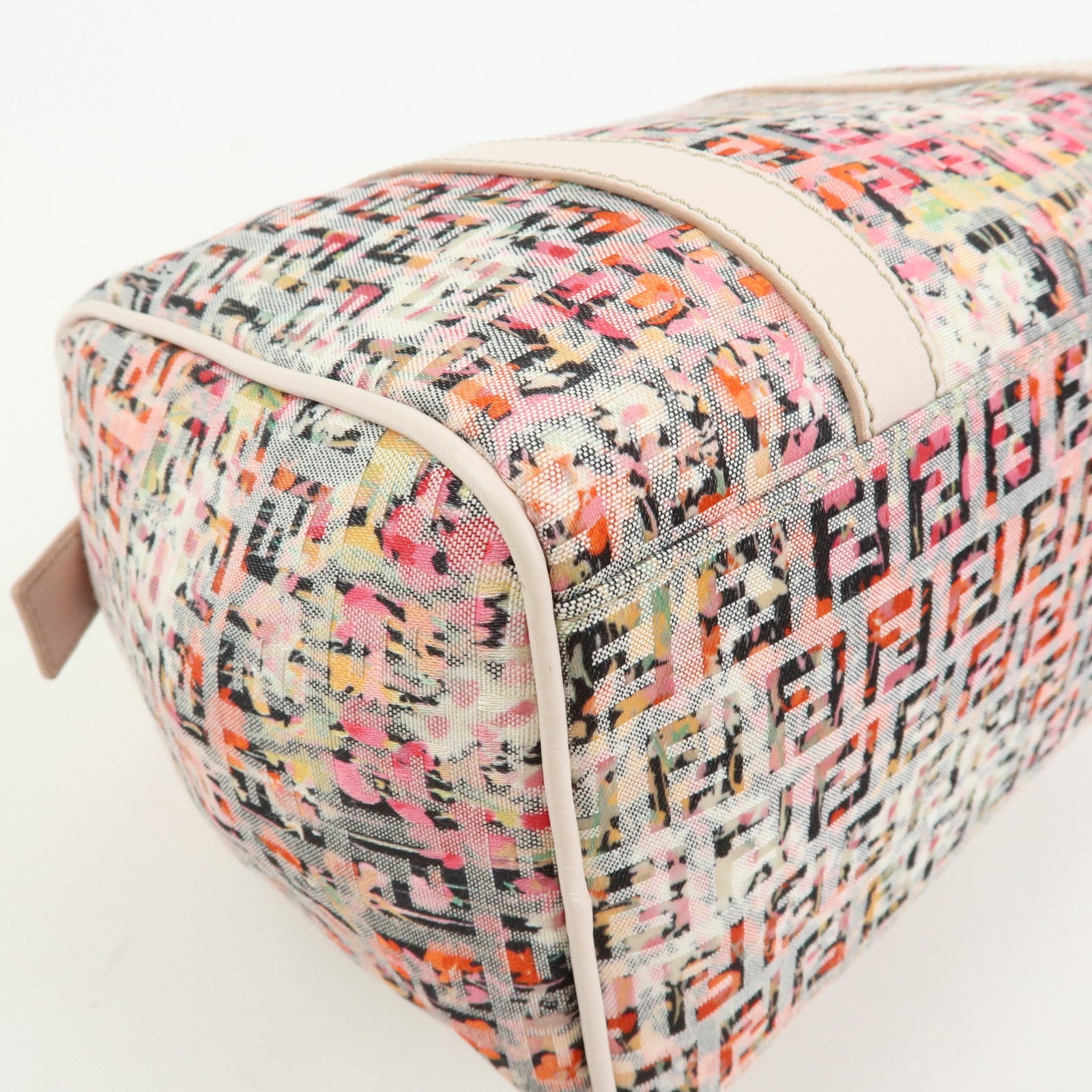FENDI Zucchino Flower Print Canvas Leather Boston Bag Pink 8BL068