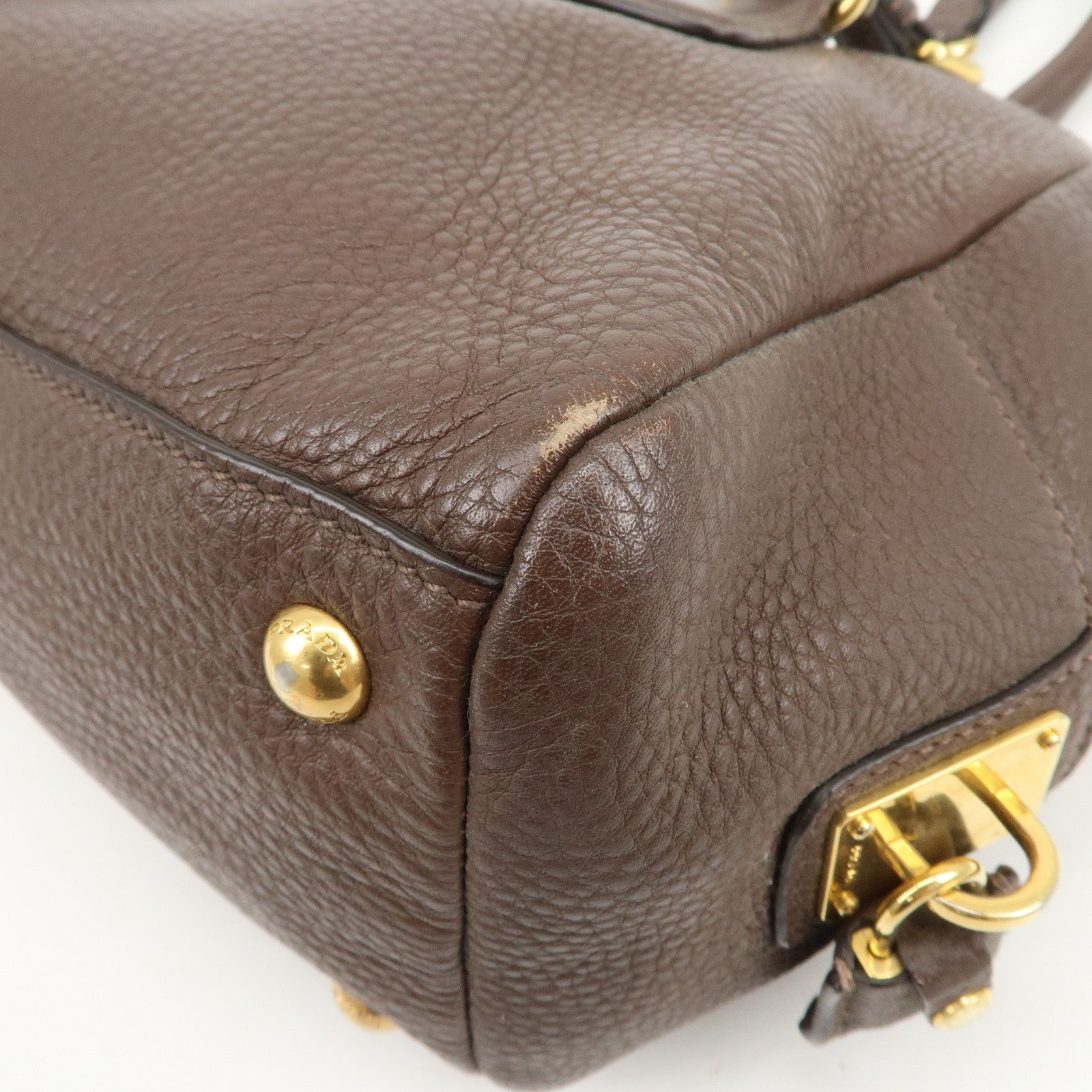 PRADA Logo Leather Shoulder Bag Boston Bag Hand Bag Brown B3091M