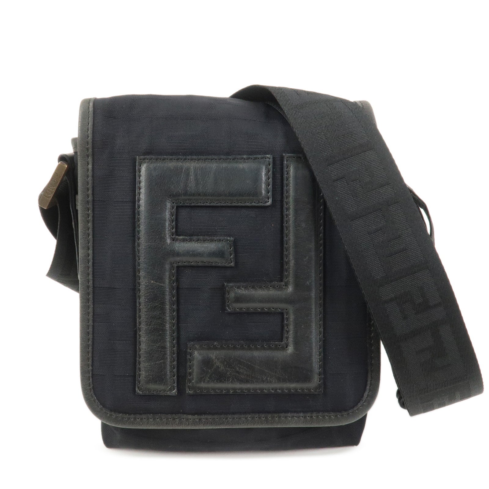 FENDI Zucca Canvas Leather Shoulder Bag Crossbody Bag Black7VA155