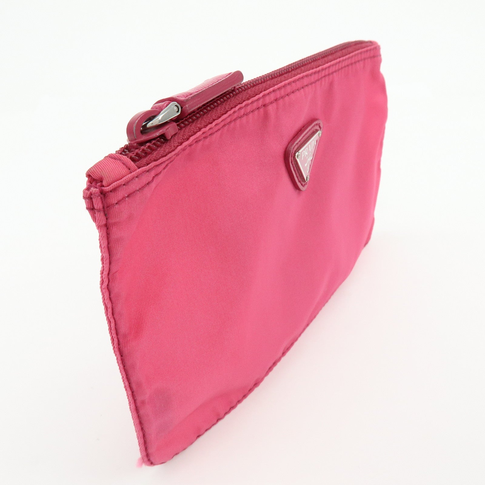 PRADA Triangle Logo Nylon Saffiano Leather Cosmetic Pouch Pink