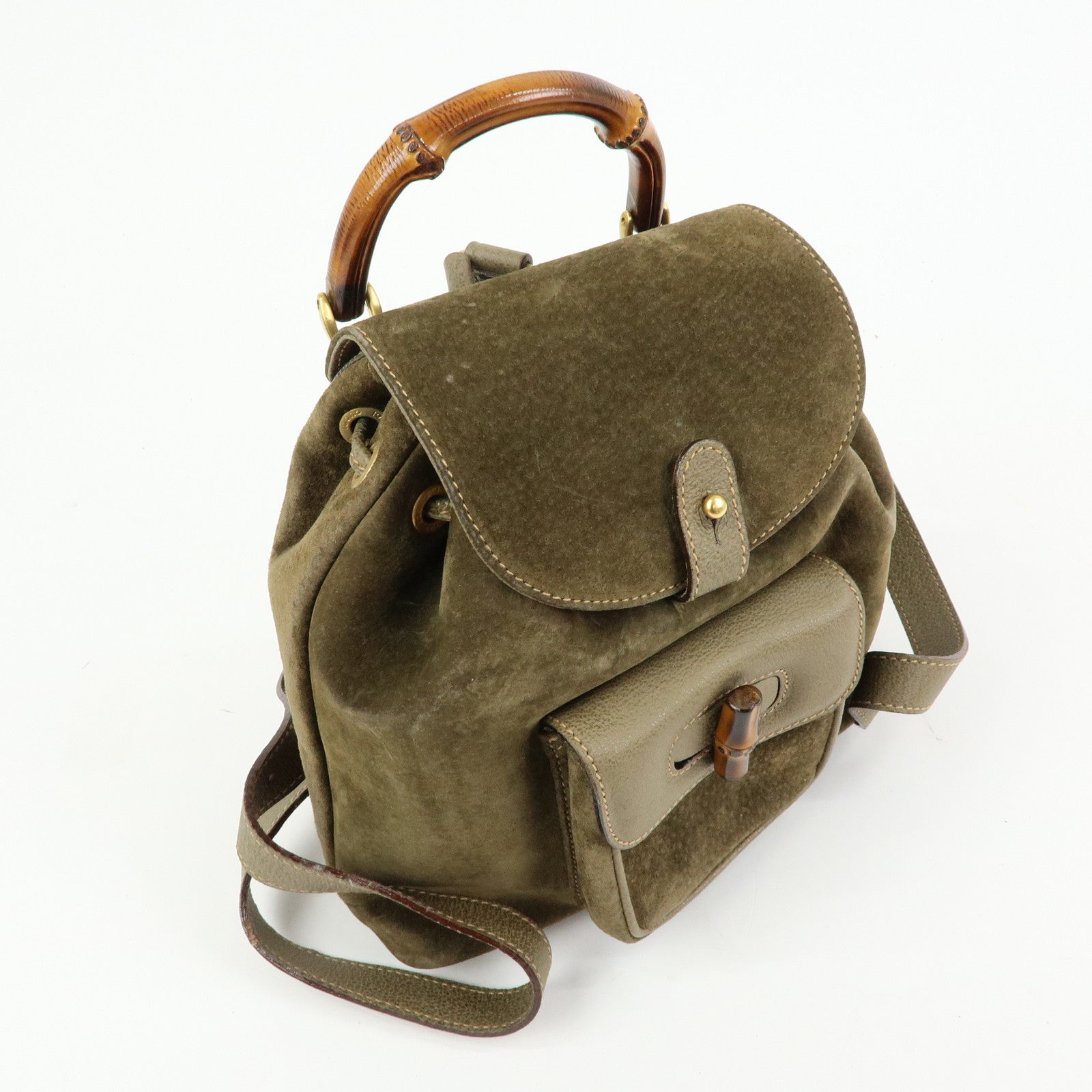 GUCCI Bamboo Suede Leather Backpack Rucksack Khaki 003・2058