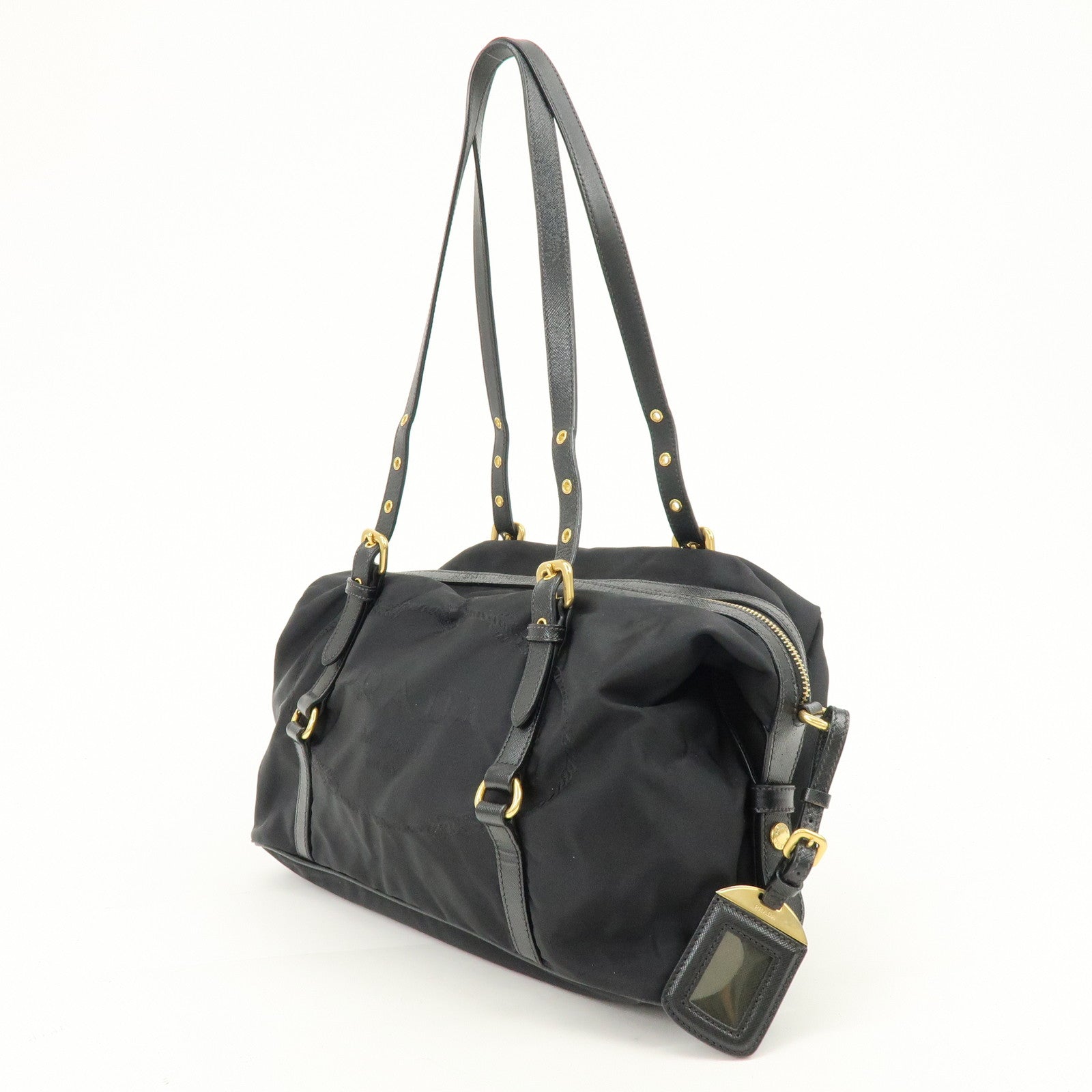 PRADA Logo Nylon Leather Boston Bag Shoulder Bag Black BL0600