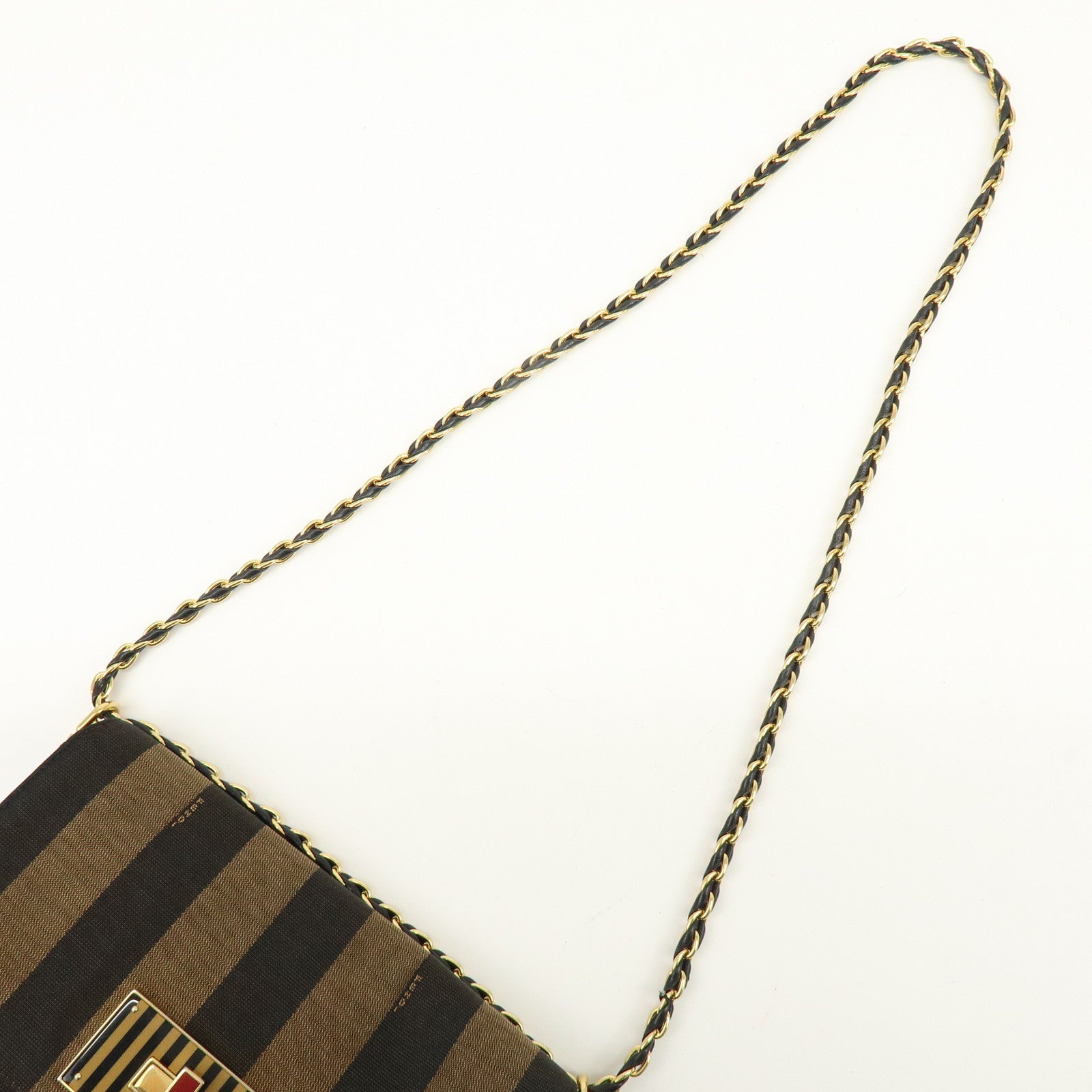 FENDI Pequin Canvas Leather Shoulder Bag Brown Black 8BT204