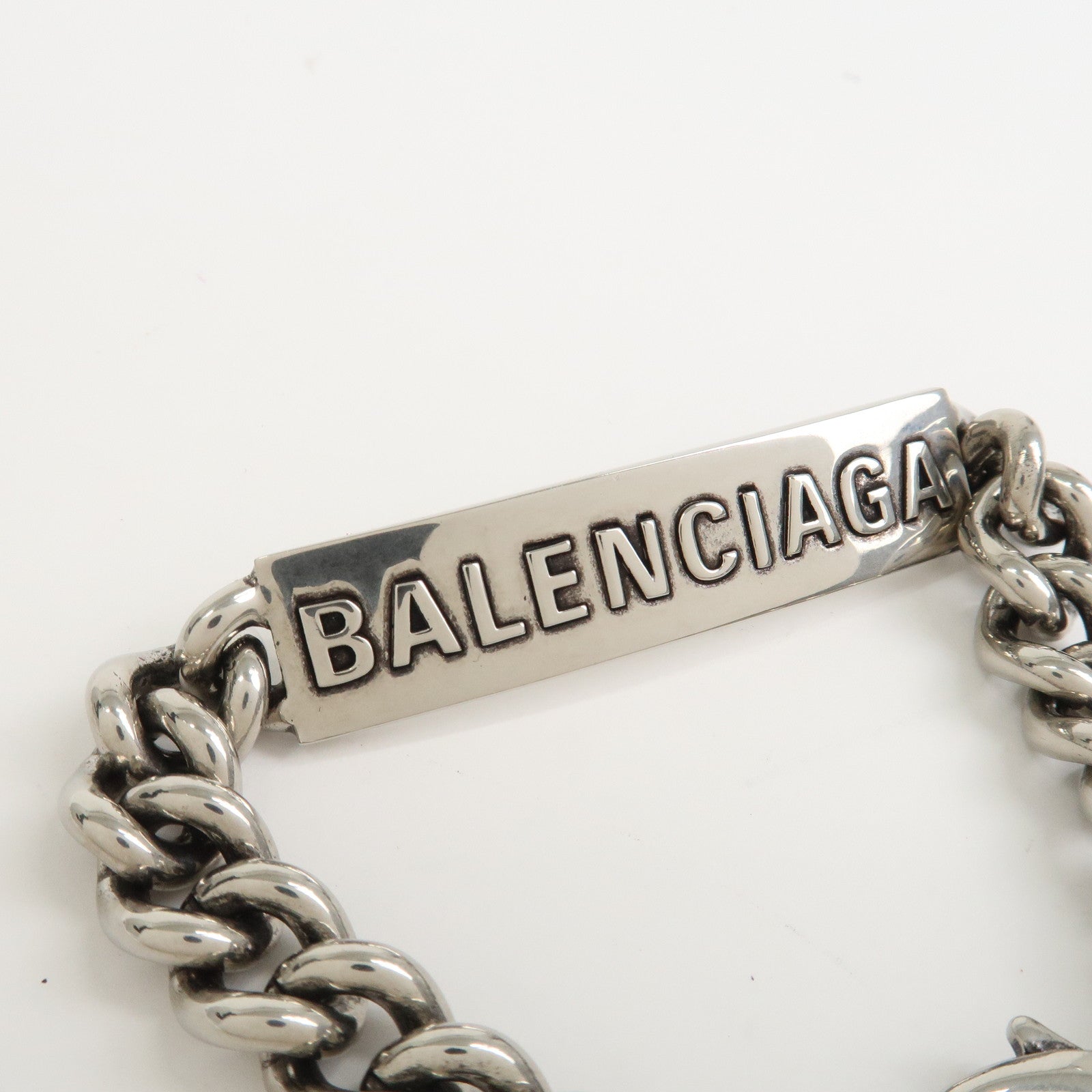 BALENCIAGA Logo Plate Metal Chain Bracelet Silver