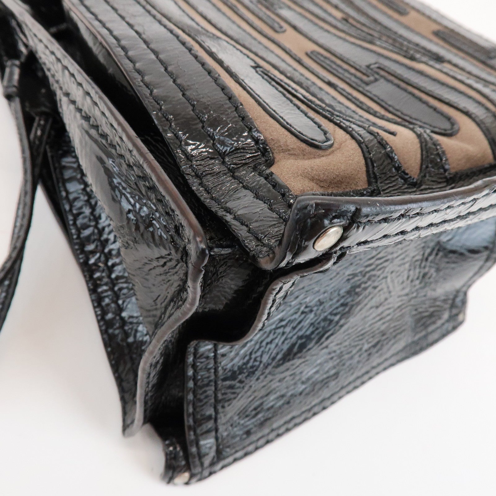 LOEWE Anagram Patent Leather Hand Bag Shoulder Bag Black Brown