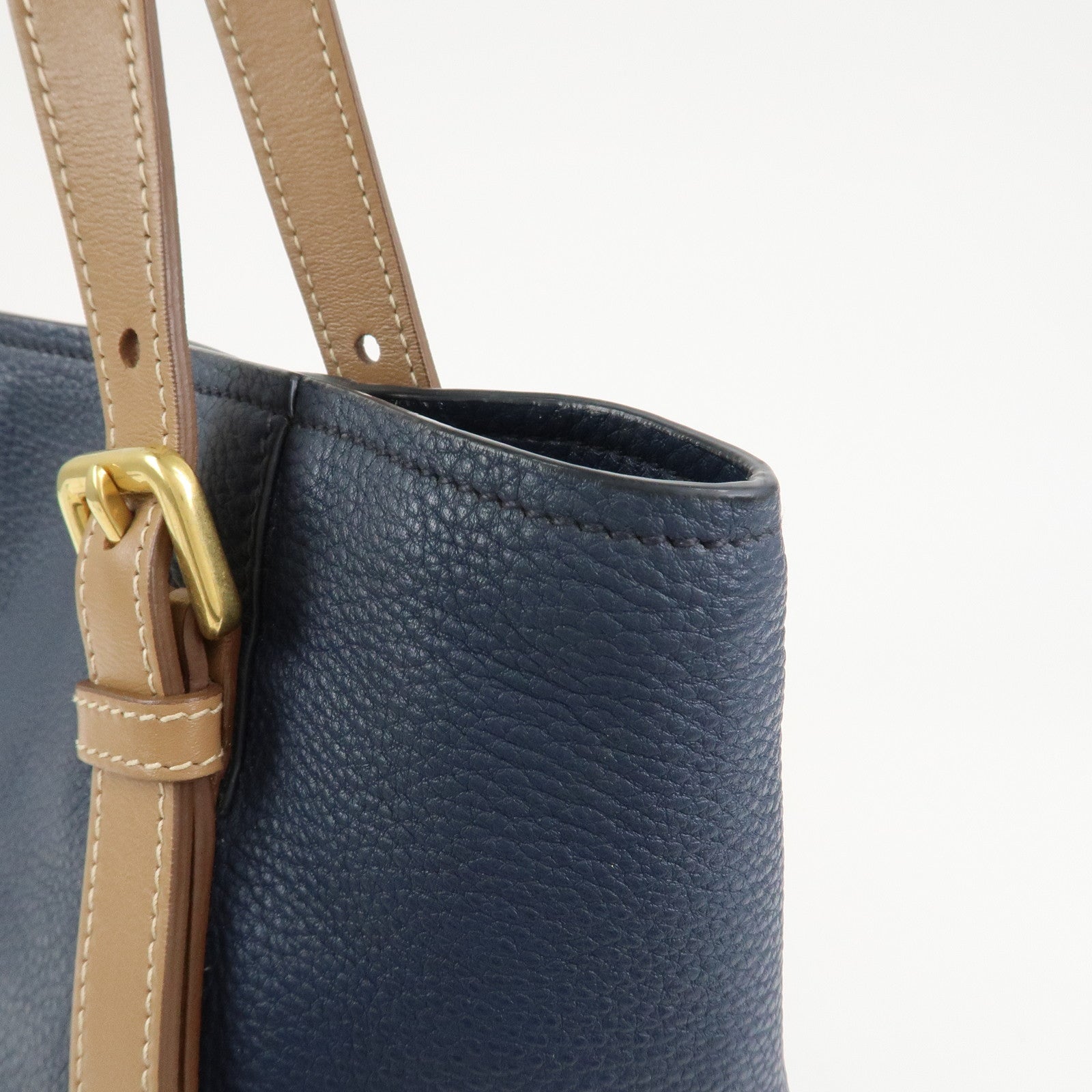 PRADA Logo Leather Tote Bag Shoulder Bag Navy Light Brown 1BG064