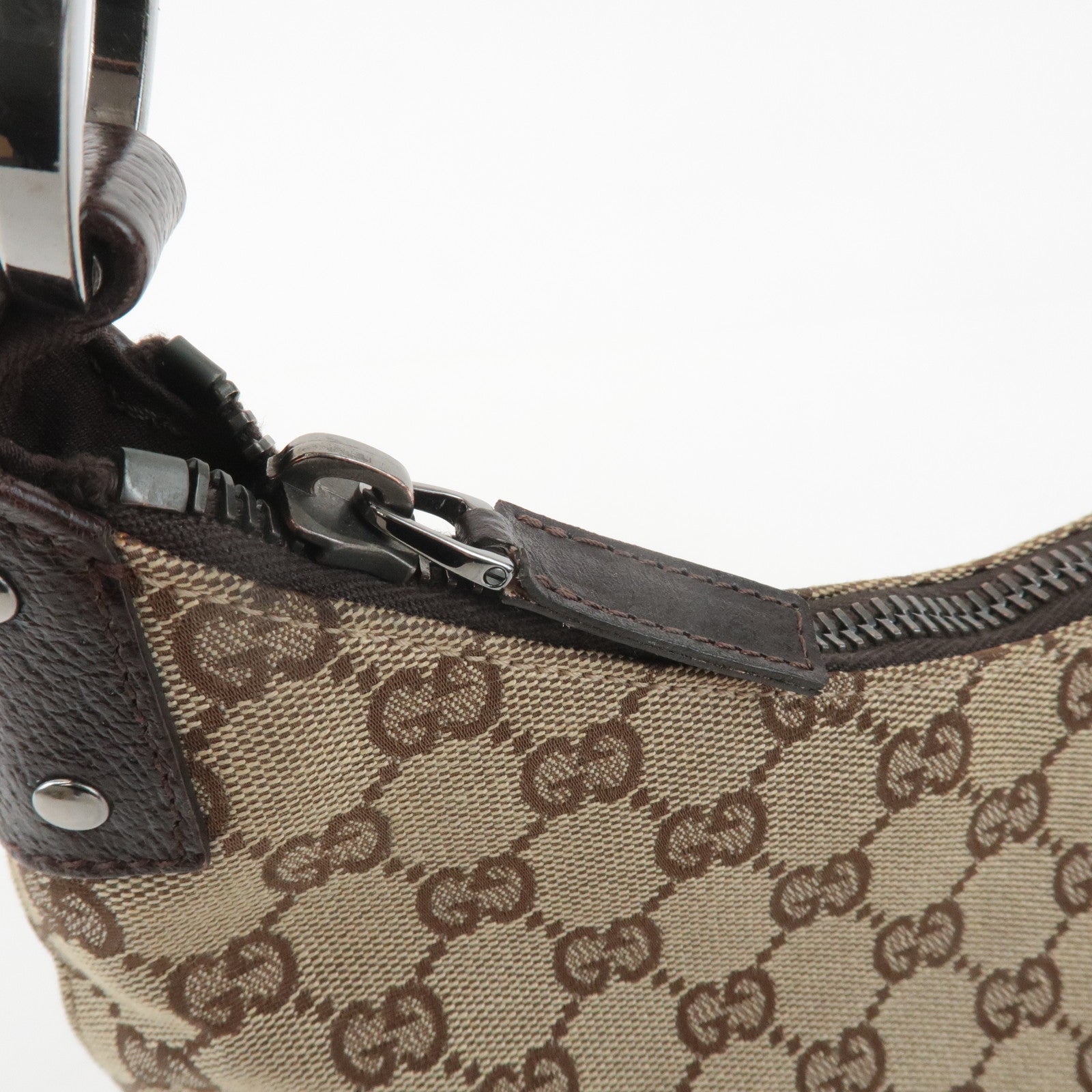 GUCCI GG Canvas Leather Shoulder Bag Hand Bag Beige Dark Brown 115002 Used