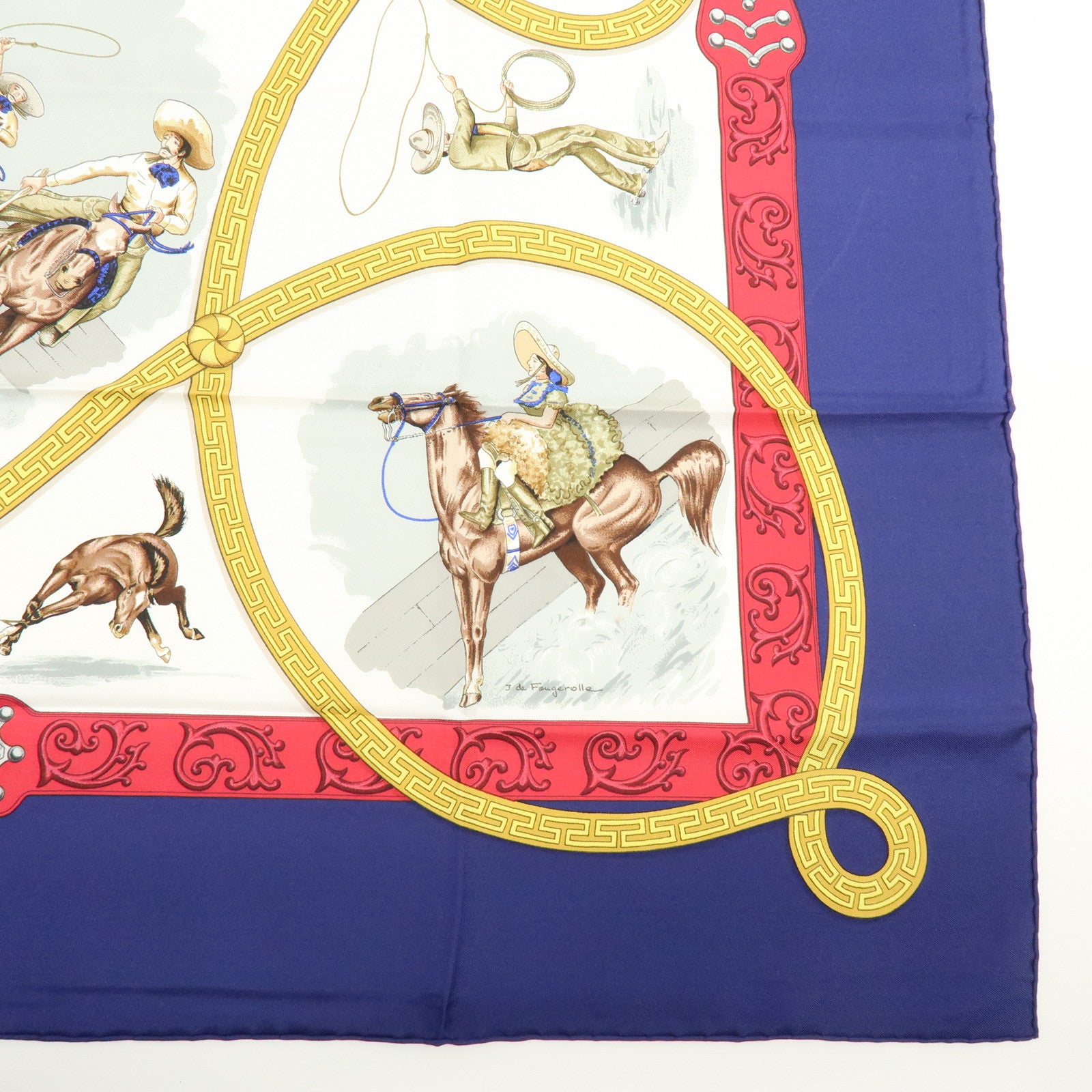 HERMES Carre 90 Silk 100% Scarf CHARREADA Navy White
