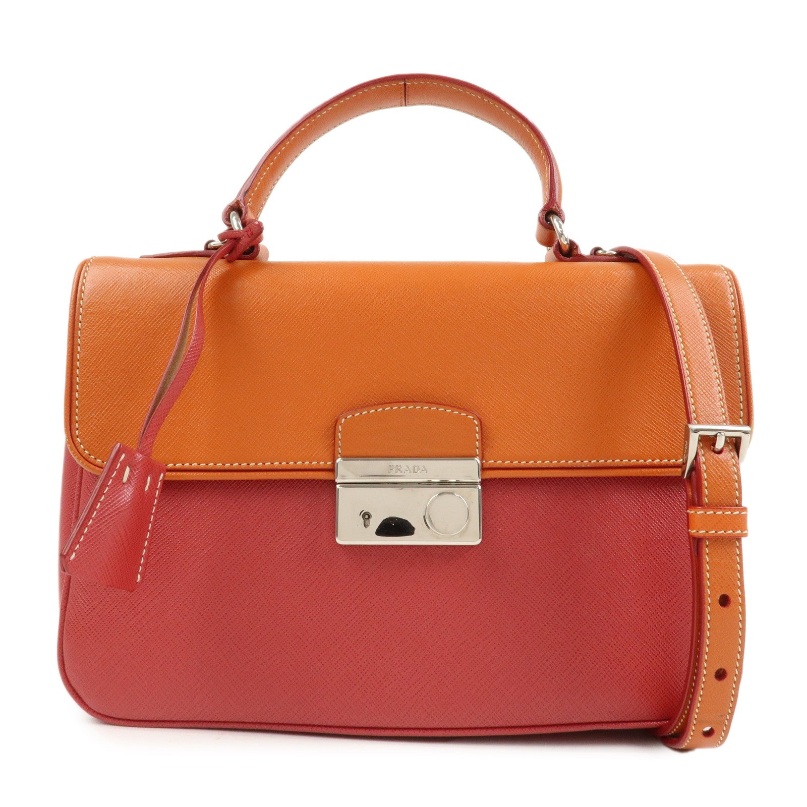 PRADA Saffiano Leather 2 Way Bag Tote Bag Shoulder Bag Orange Red