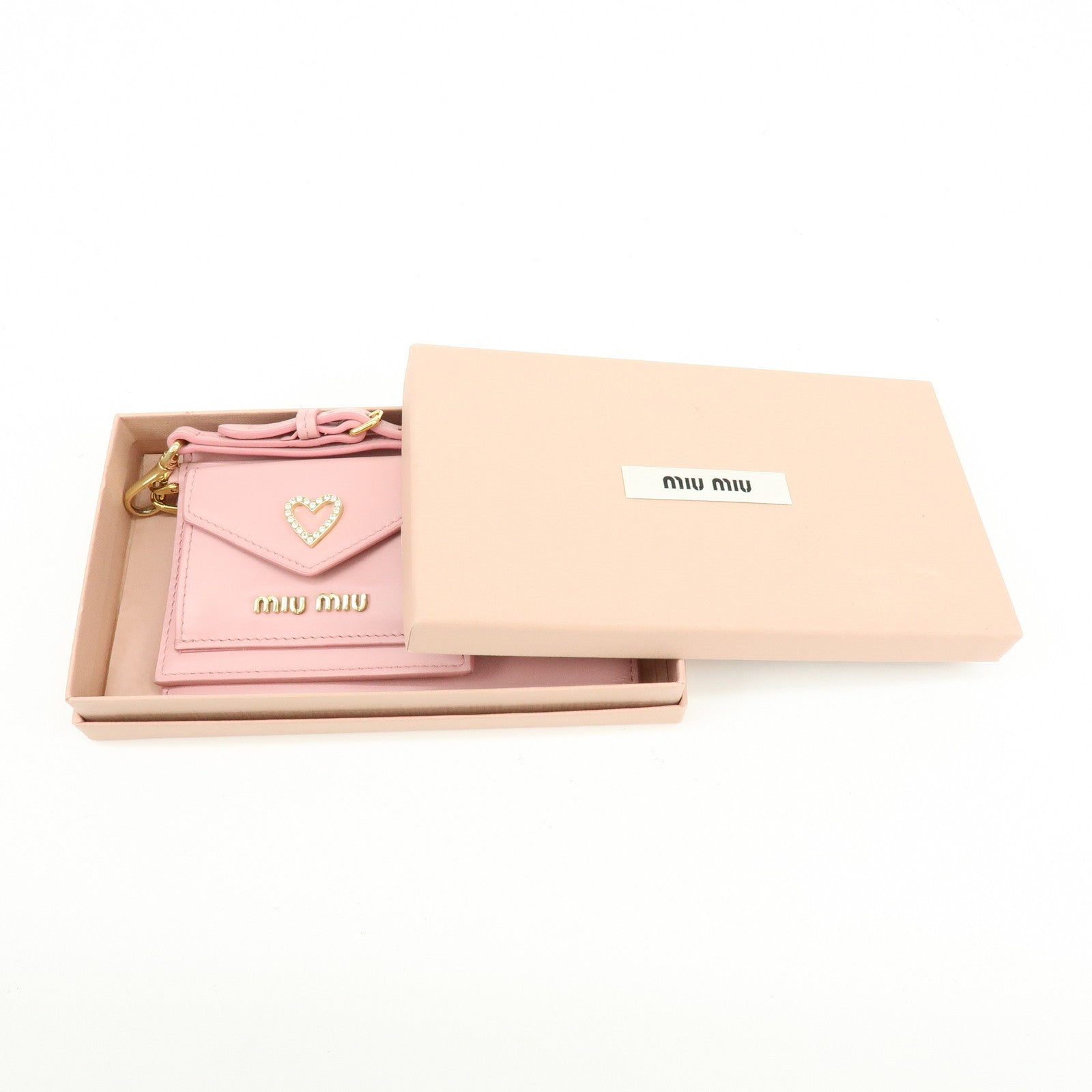 MIU MIU Madras Leather Rhinestone Card Case Heart Love letter Pink
