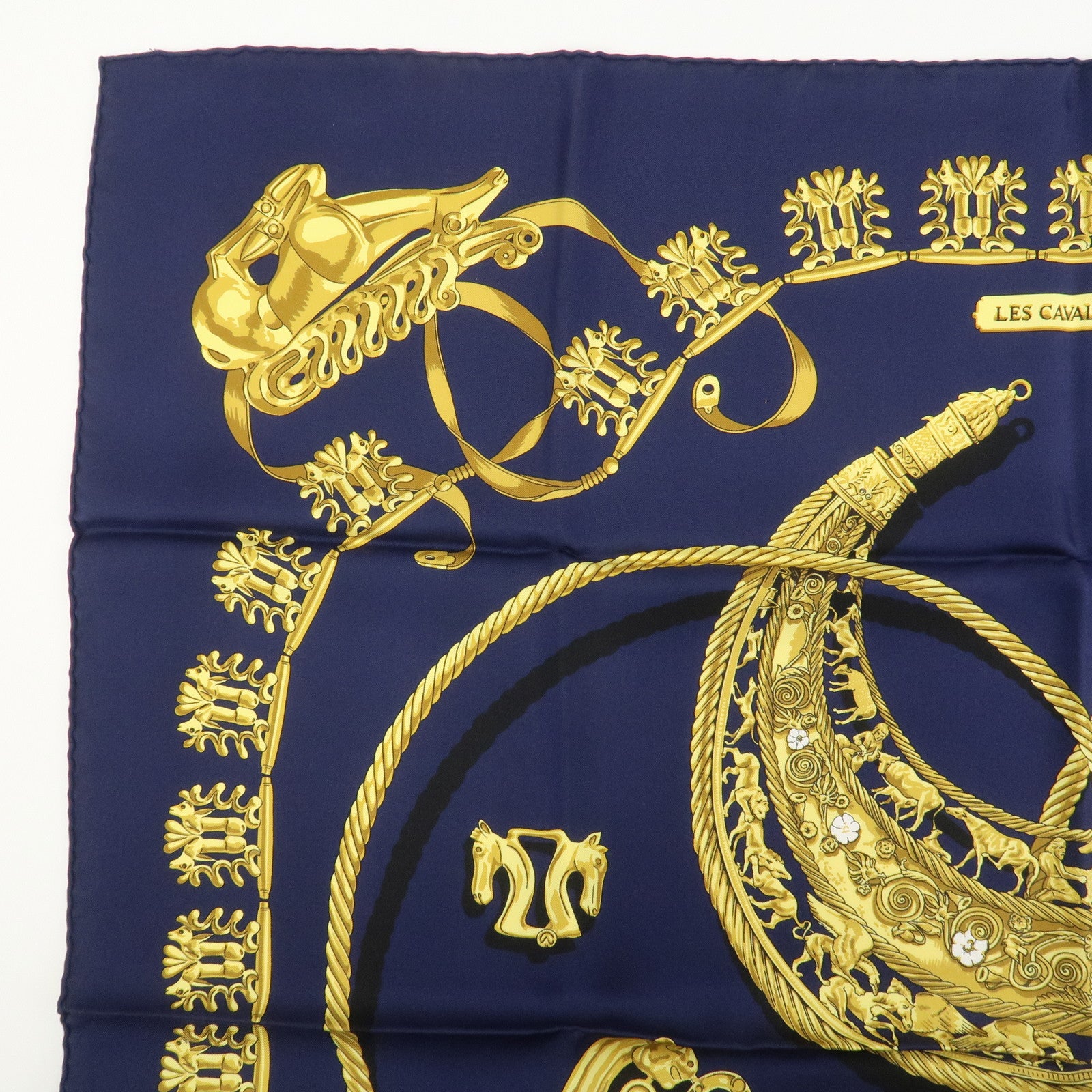 HERMES Carre 90 Silk 100% Scarf LES CAVALIERS D'OR Navy Gold