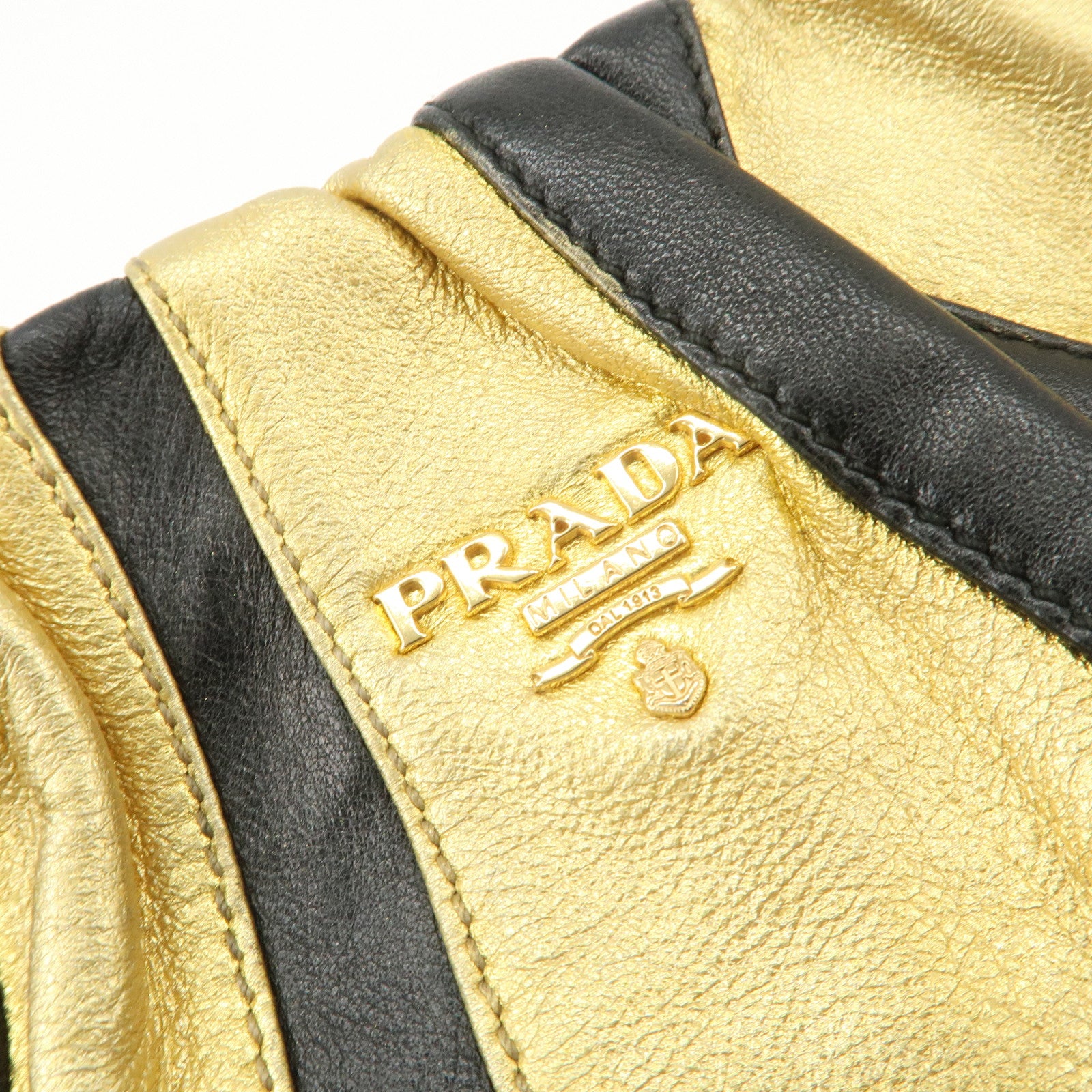 PRADA Leather Hand Bag Black Gold Hardware