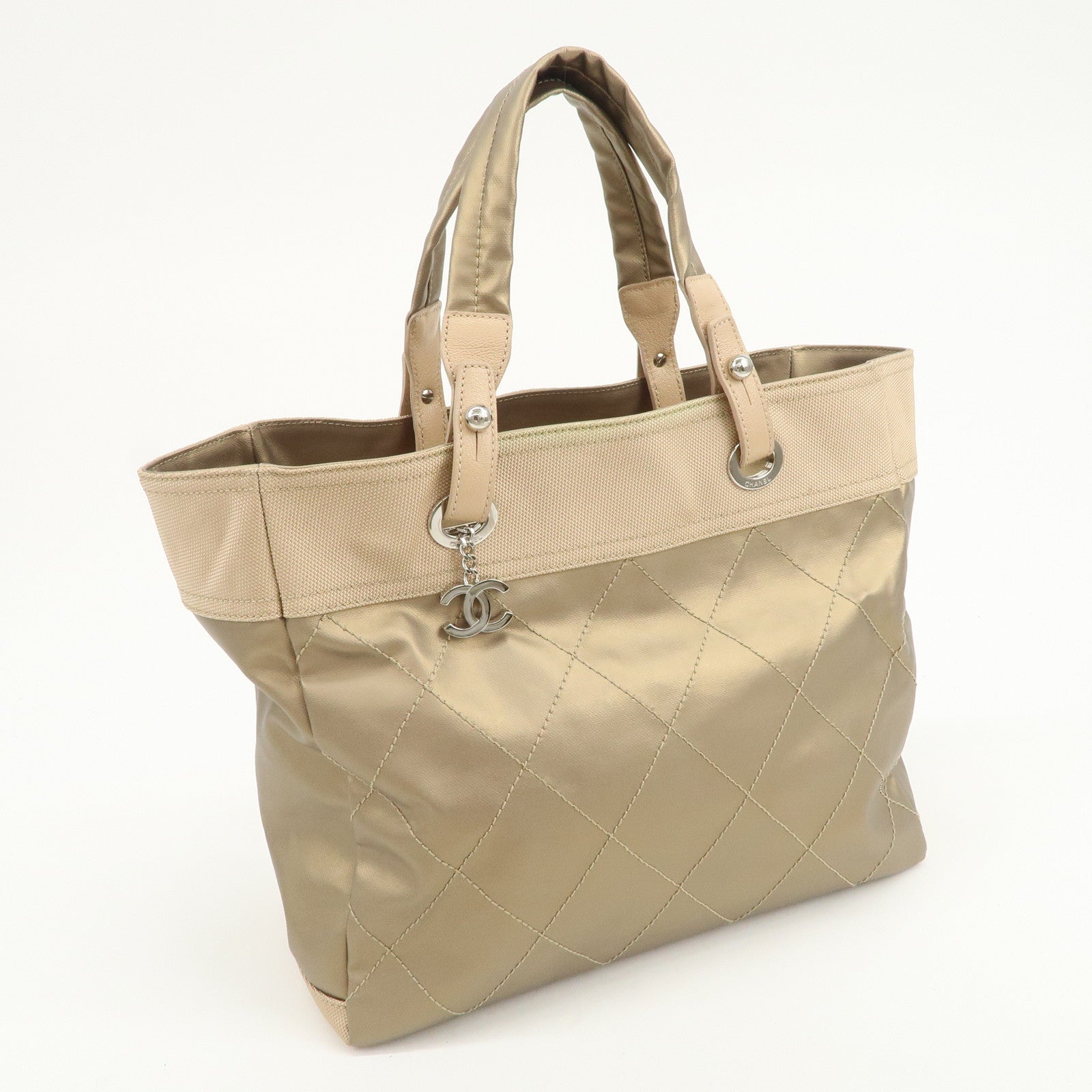 CHANEL Paris Biarritz MM PVC Canvas Tote Bag Hand Bag Beige A34209