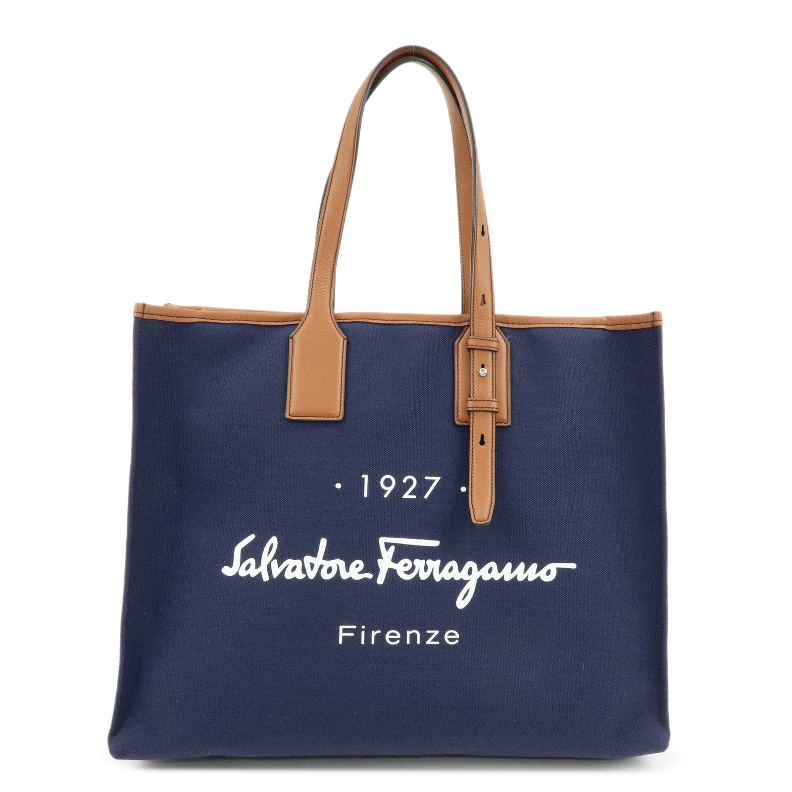 Ferragamo 1927 Signature Canvas Leather Tote Bag Navy Brown