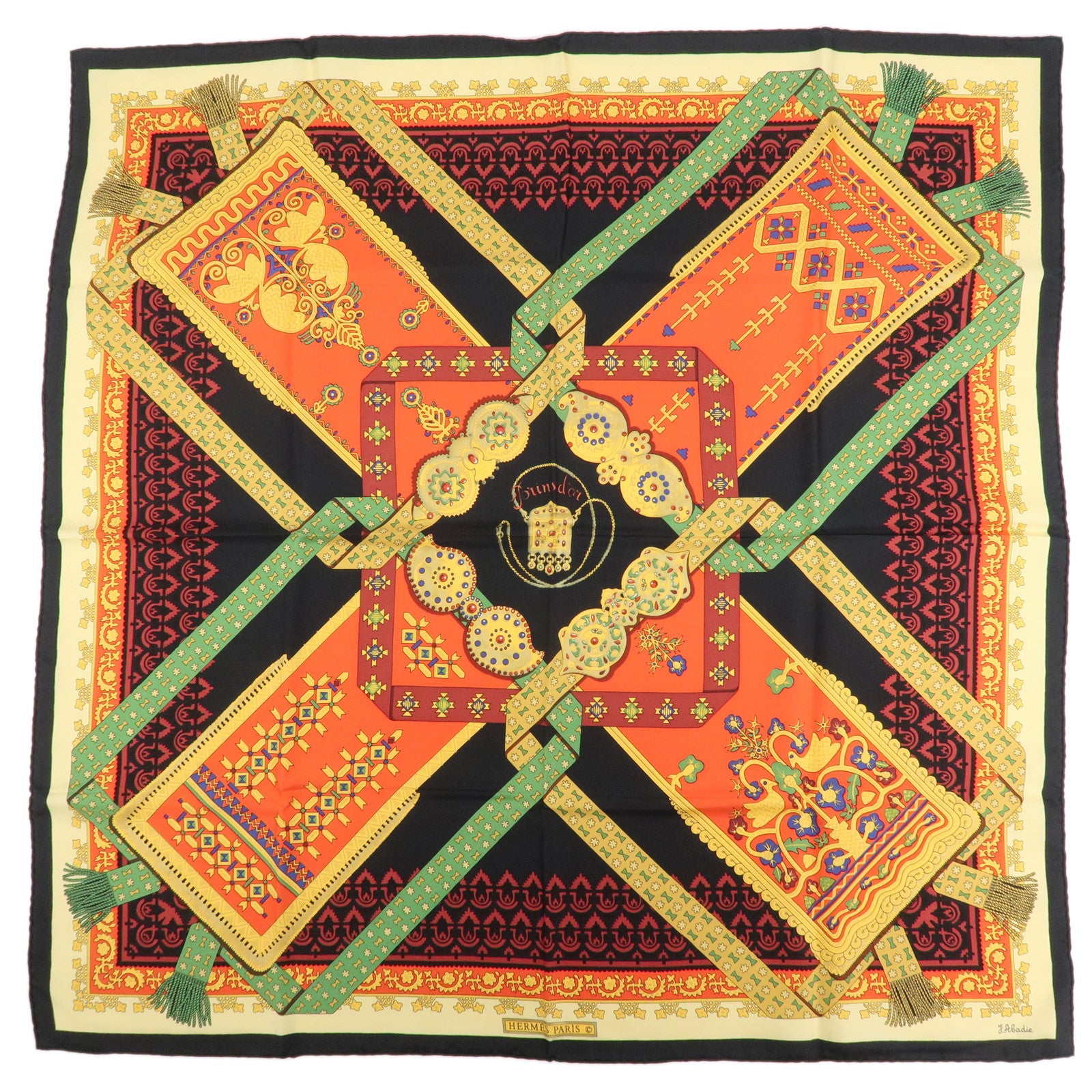 HERMES Carre 90 Silk 100% Scarf  Brins d'or Black Red