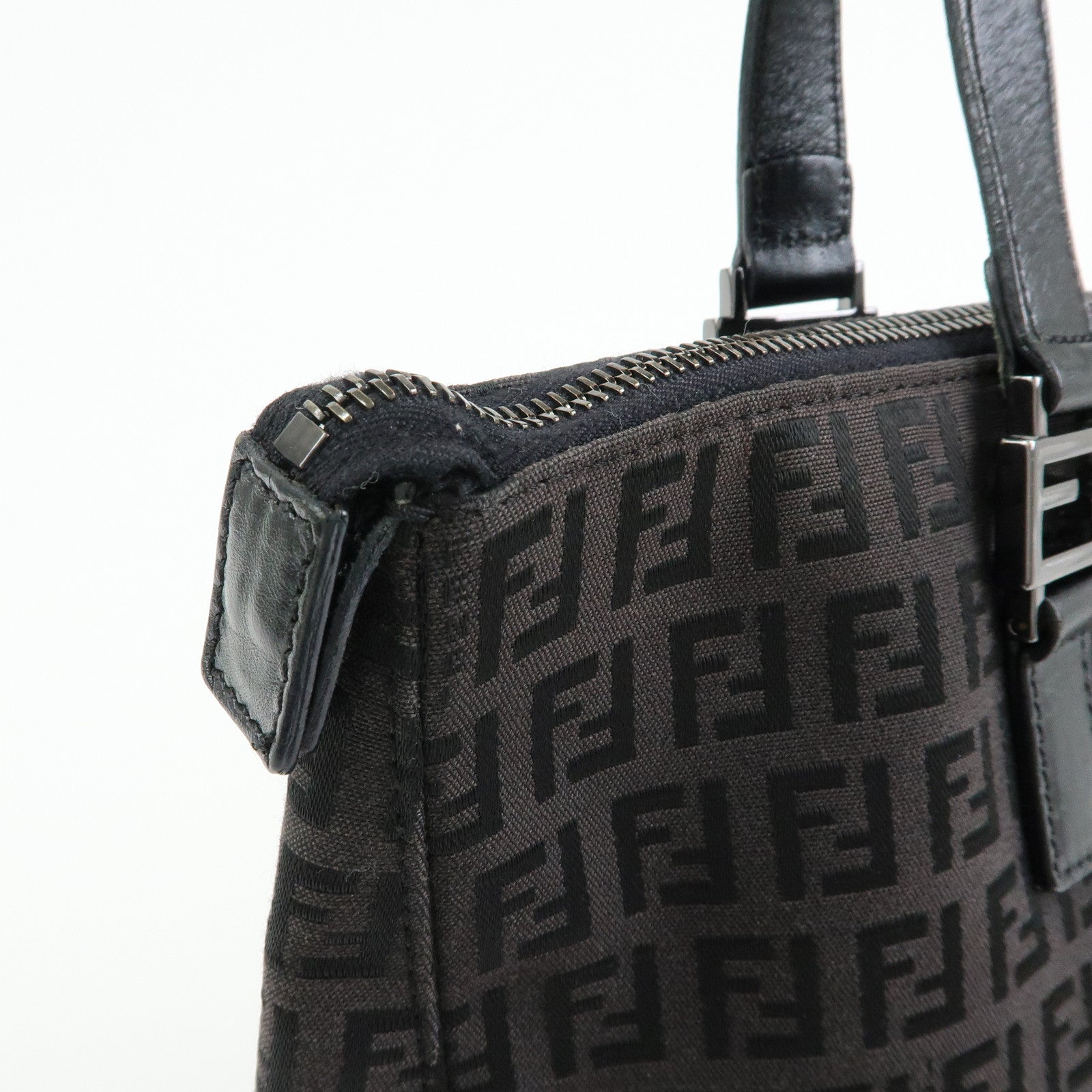 FENDI Zucchino Canvas Leather Tote Bag Hand Bag Black