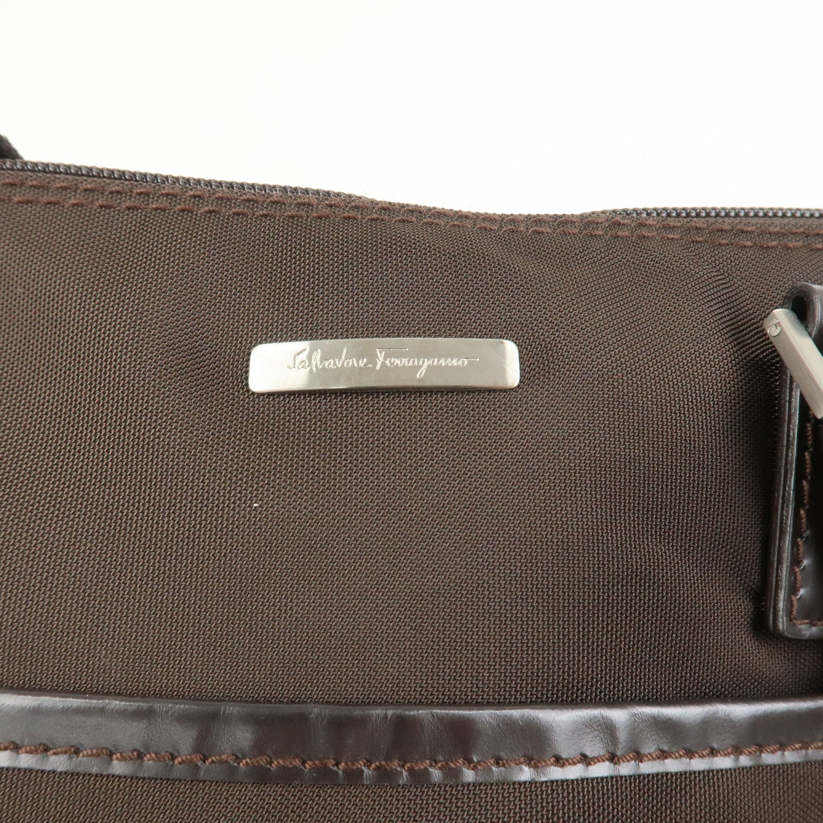 Ferragamo Nylon Leather Shoulder Bag Crossbody Bag Brown Silvern