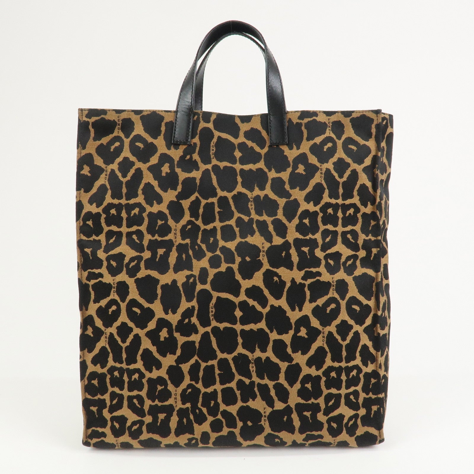 FENDI Leopard Canvas Leather Tote Bag Hand Bag Brown Black 8BH173