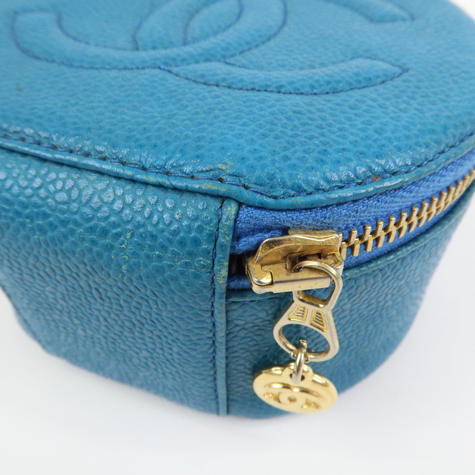 CHANEL COCO Mark Caviarskin Round Cosmetic Pouch Blue Gold