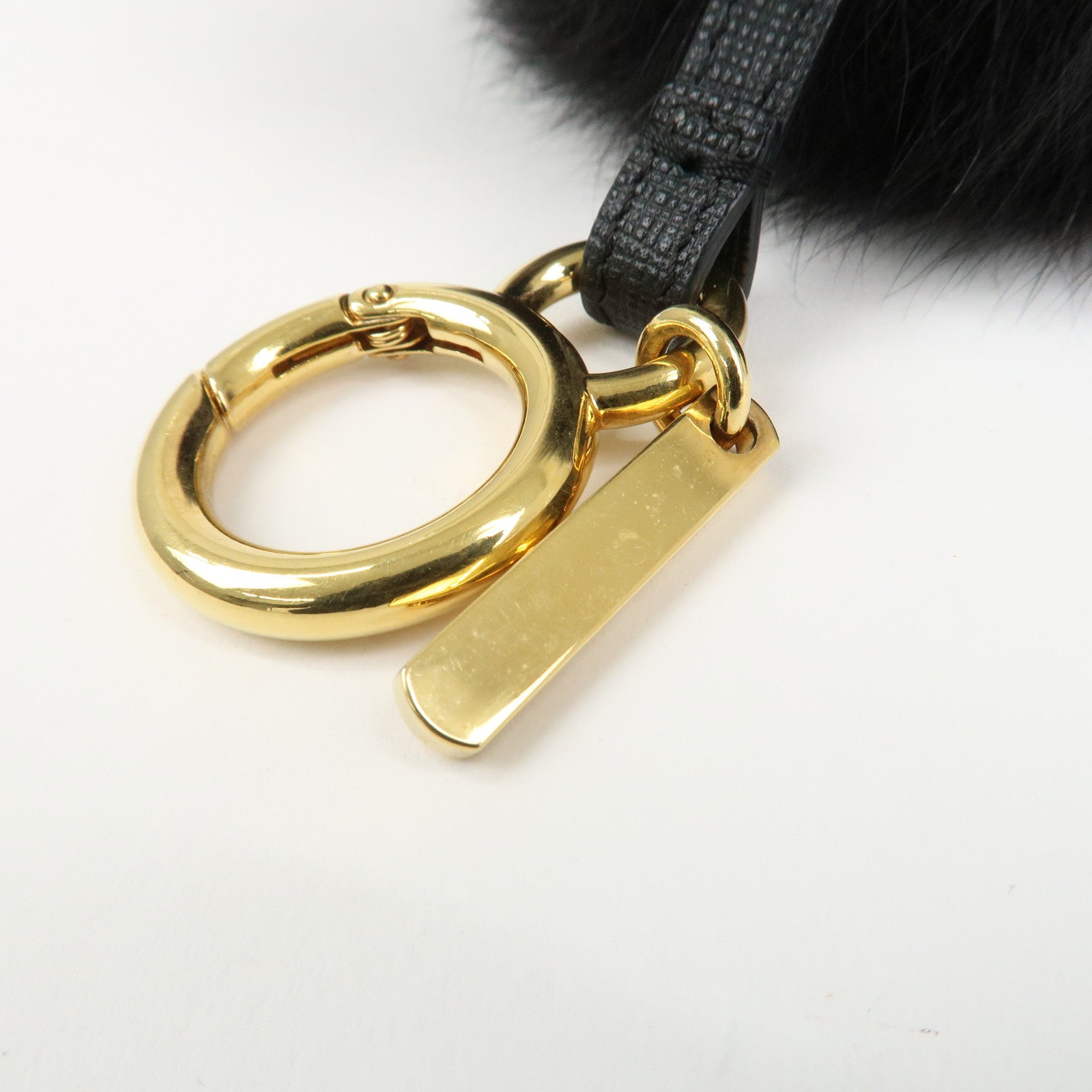 FENDI Fur Leather Pom Pom Bag Charm Key Chain Black