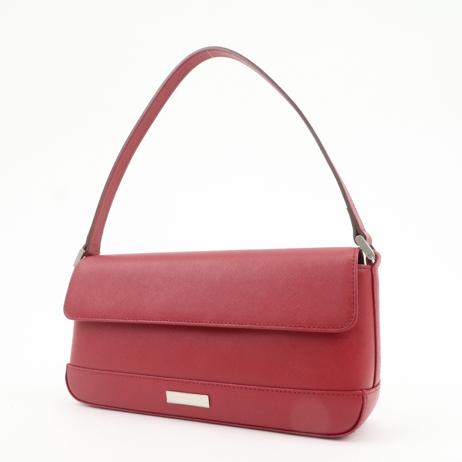 BURBERRY Logo Leather Shoulder Bag Hand Bag Red Silver