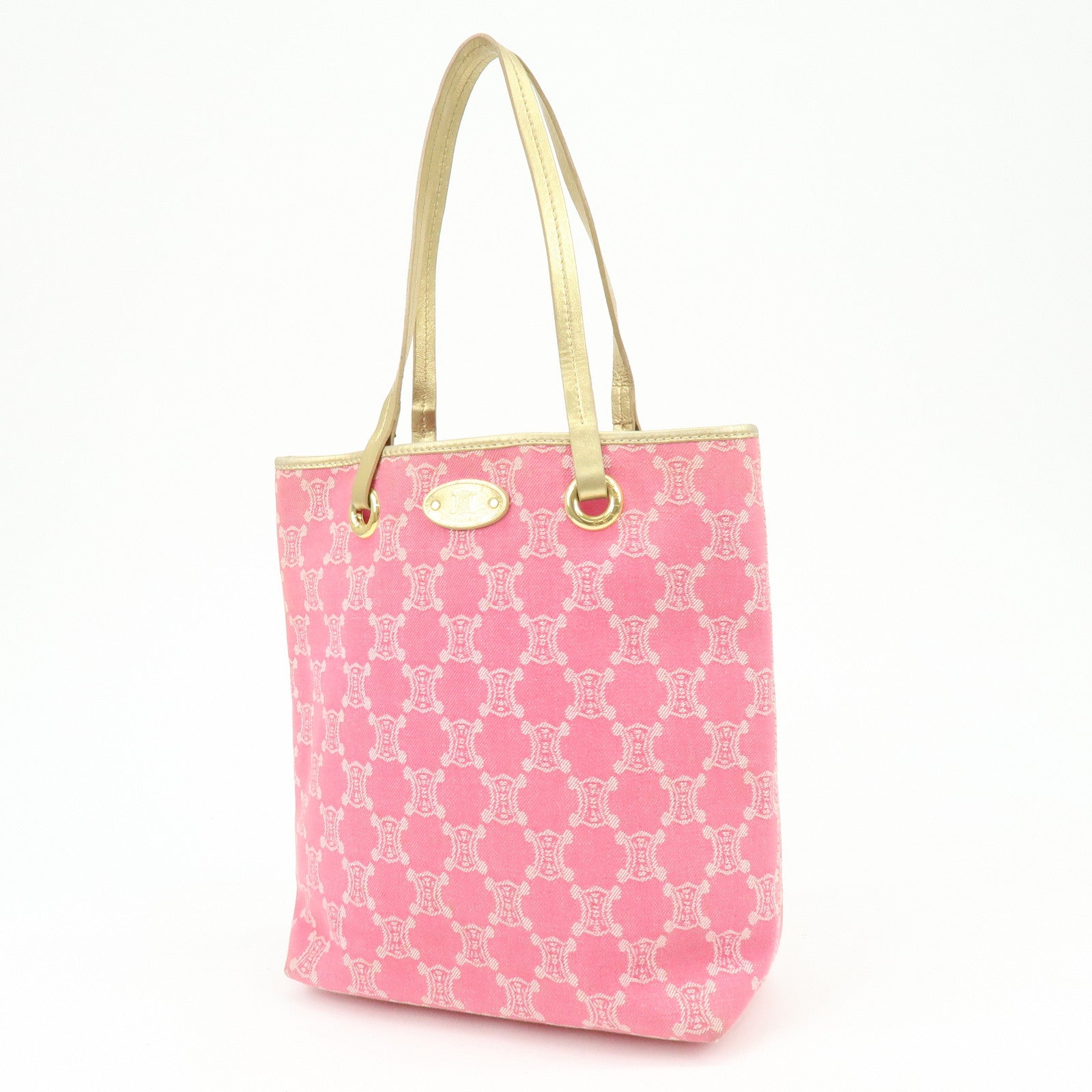 CELINE Macadam Logo Canvas Leather Tote Bag Shoulder Bag Pink Gold