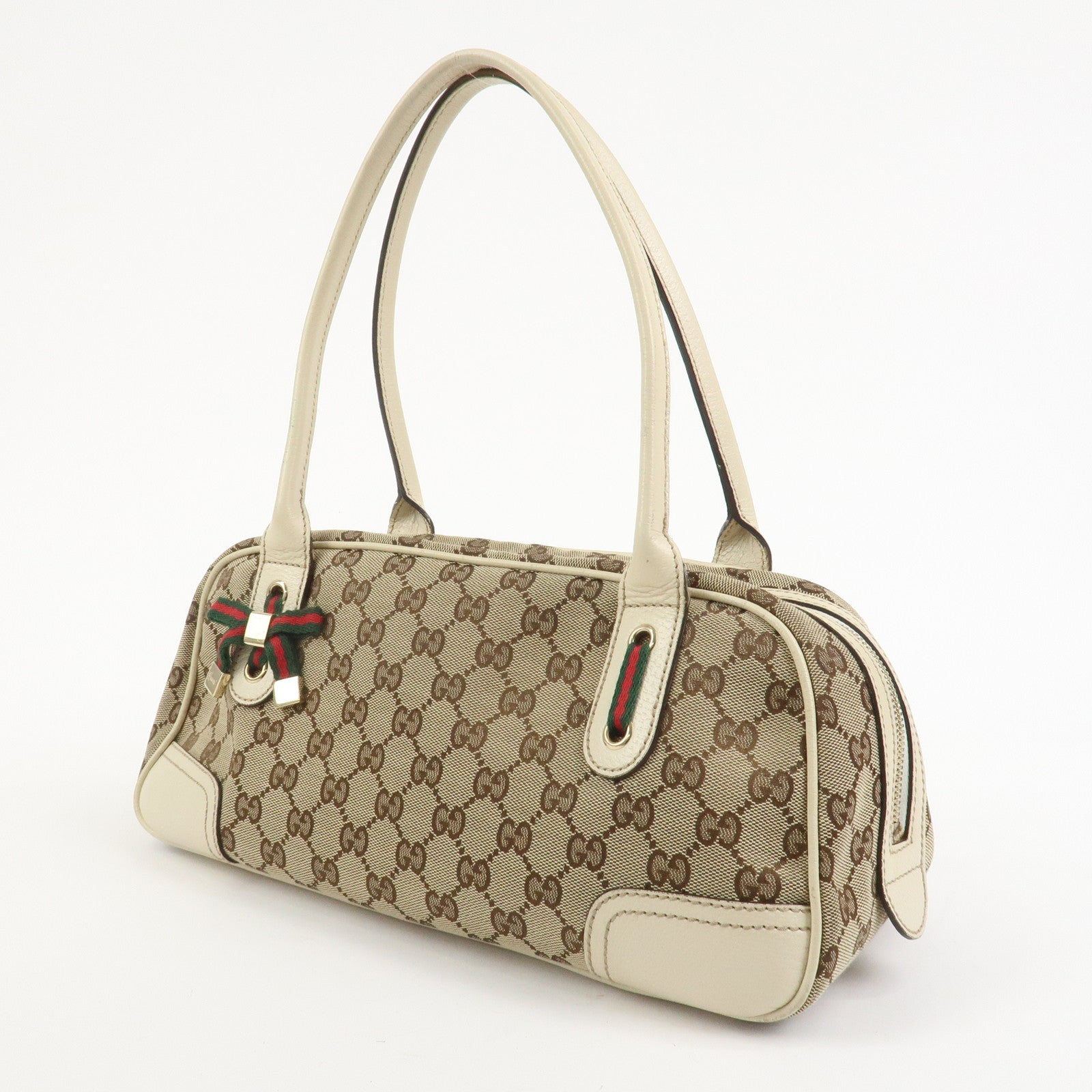 GUCCI Princy Sherry GG Canvas Leather Boston Bag Brown Ivory 161720