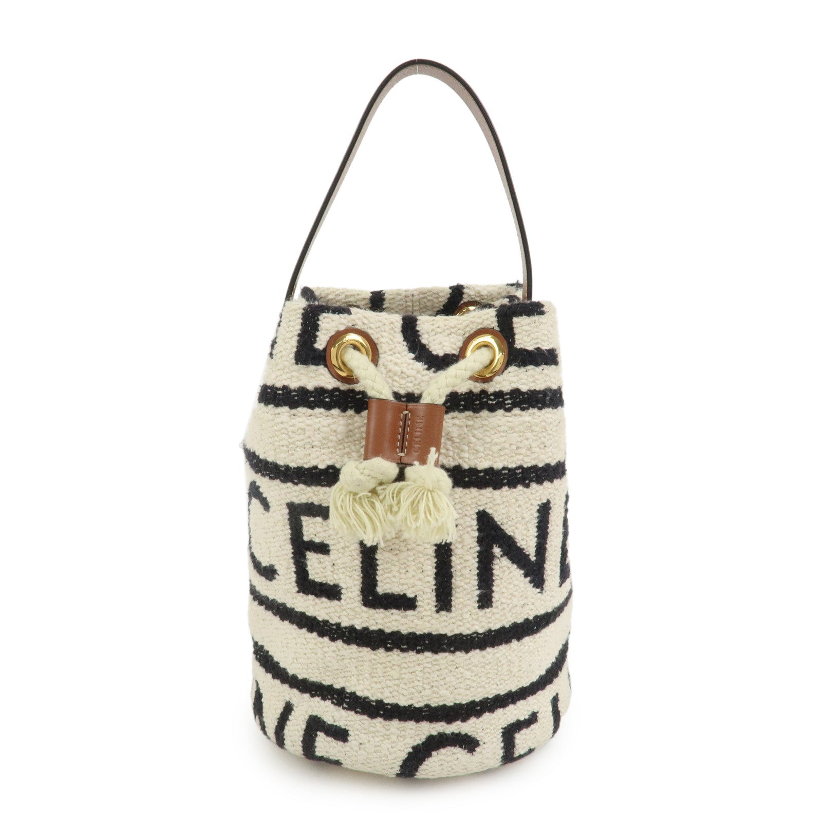 CELINE Teen Drawstring Canvas Leather Hand Bag Natural Brown