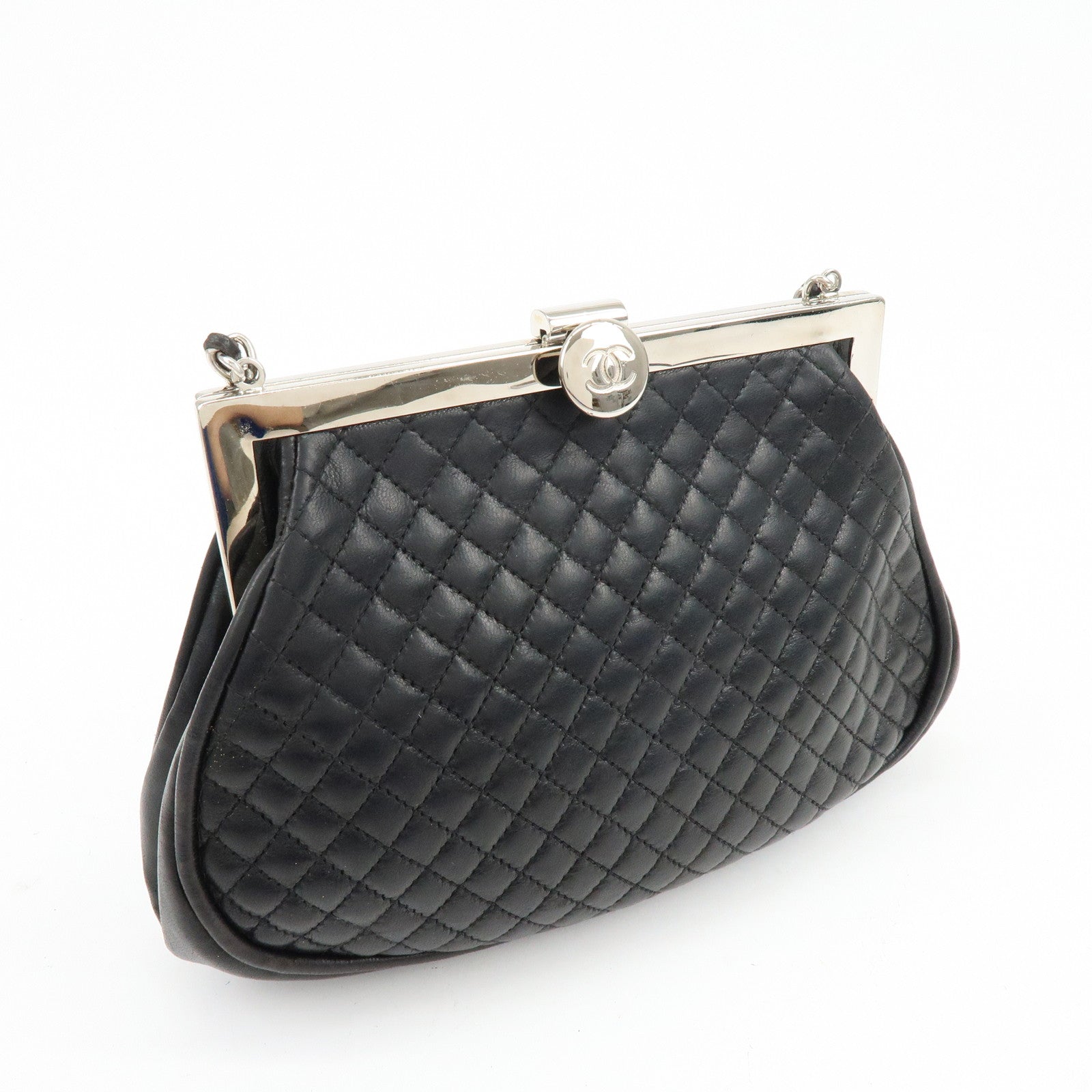 CHANEL Matelasse Lamb Skin Chain Kiss Lock Shoulder Bag Black
