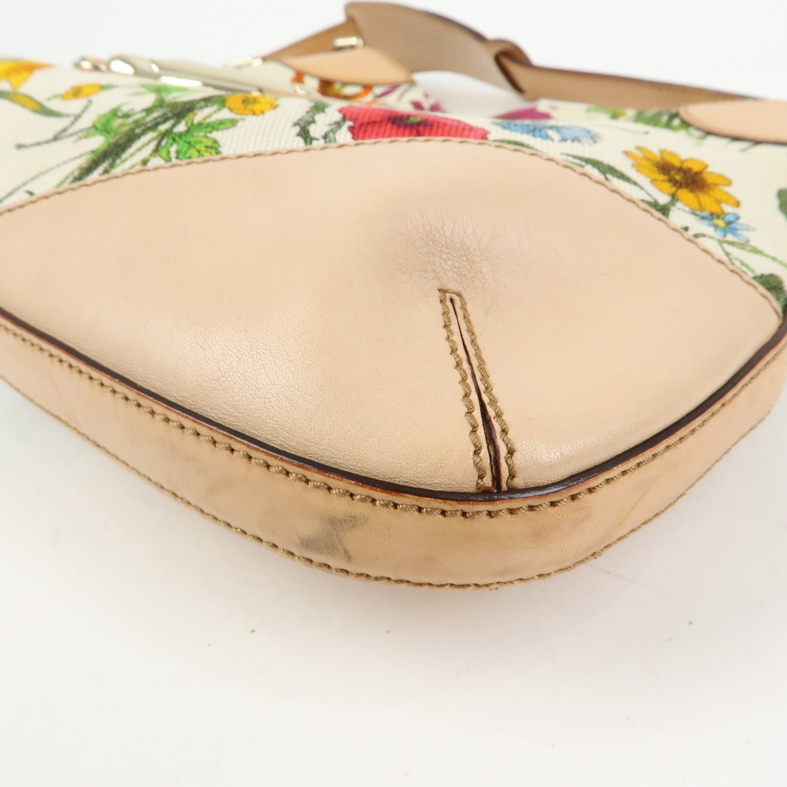 GUCCI Horsebit Flora Leather Canvas Shoulder Bag Beige White 137388