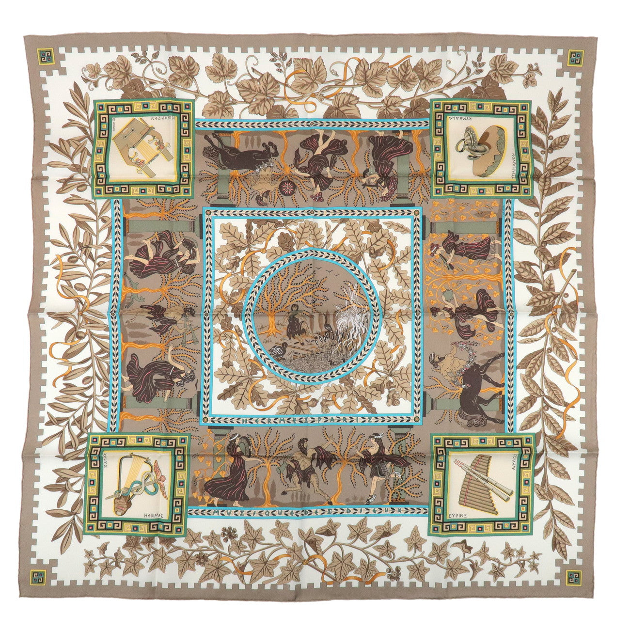 HERMES Carre 90 Silk 100% Scarf MUSIQUE DES DIEUX Brown Blue