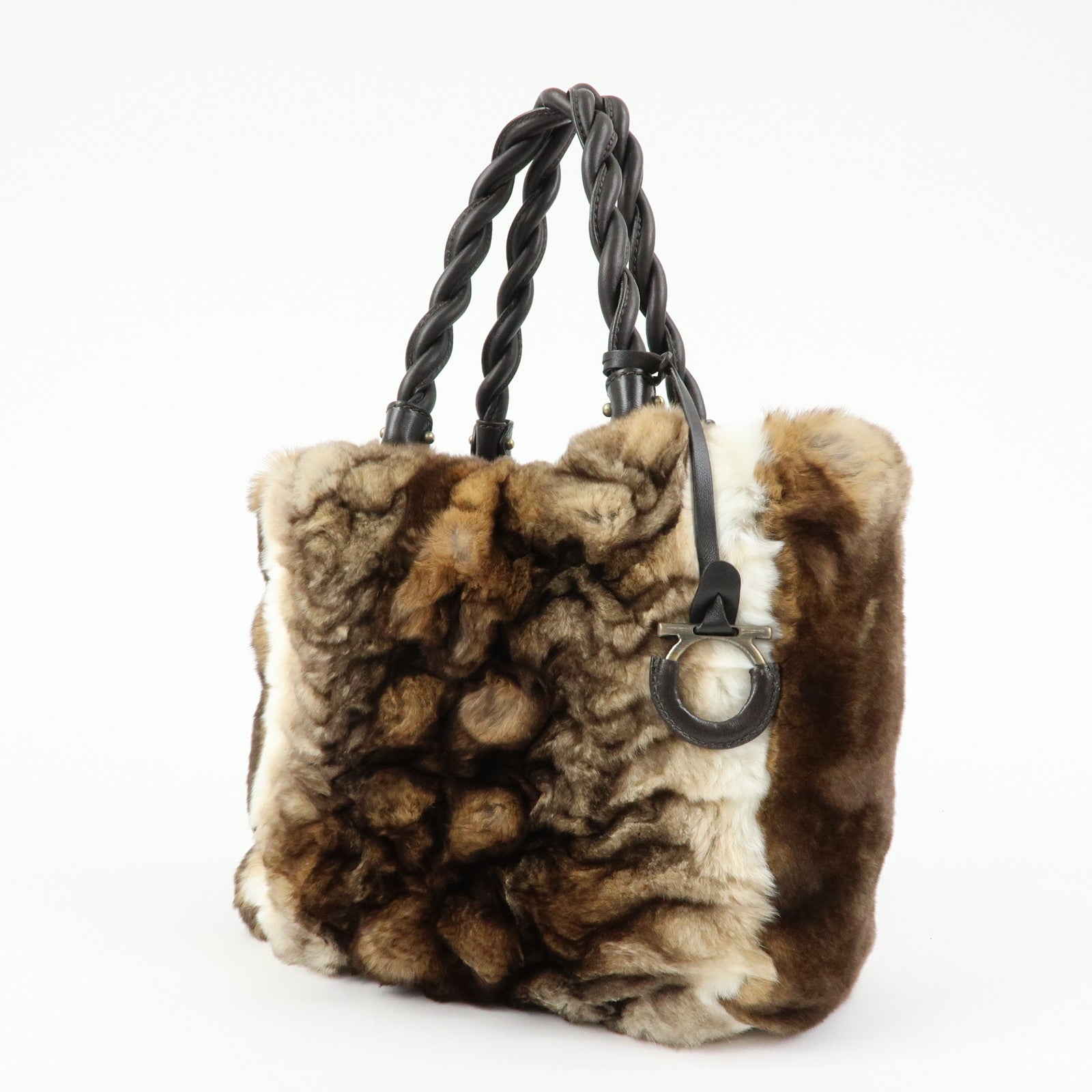 Ferragamo Gancini Rabbit Fur Leather Hand Bag Tote Bag Brown