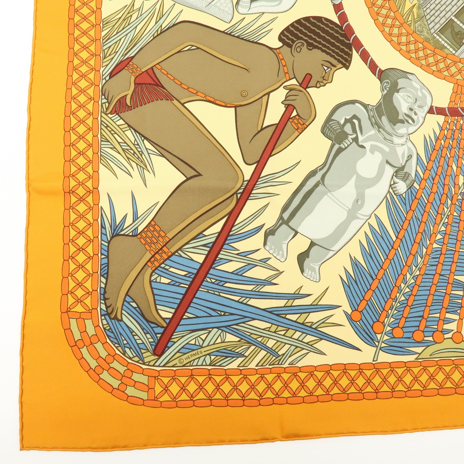 HERMES Carre 90 Silk 100% Scarf Tresor Royal Du Benin Orange