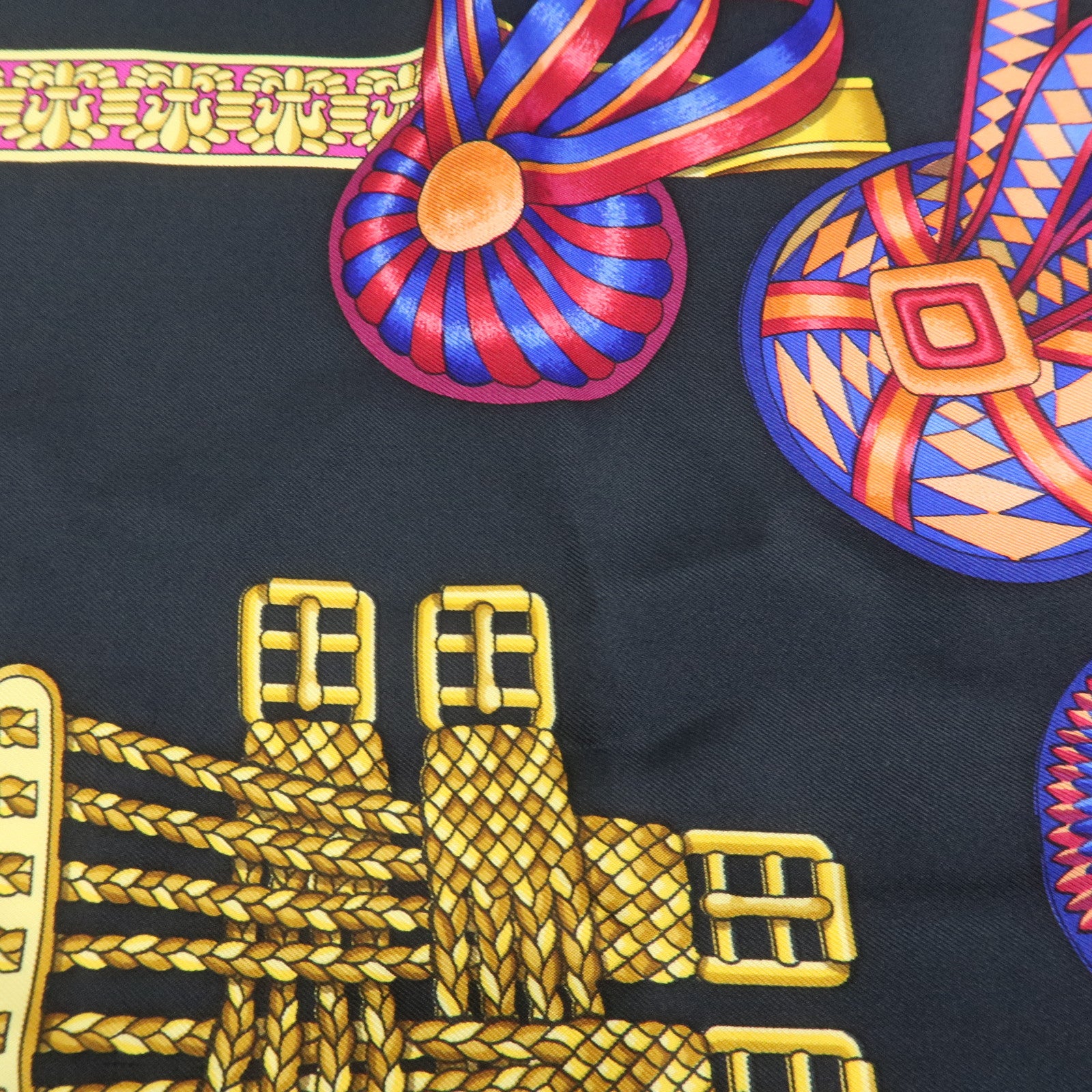 Hermes Carre 90 Silk 100% Scarf LES RUBANS DU CHEVAL Black