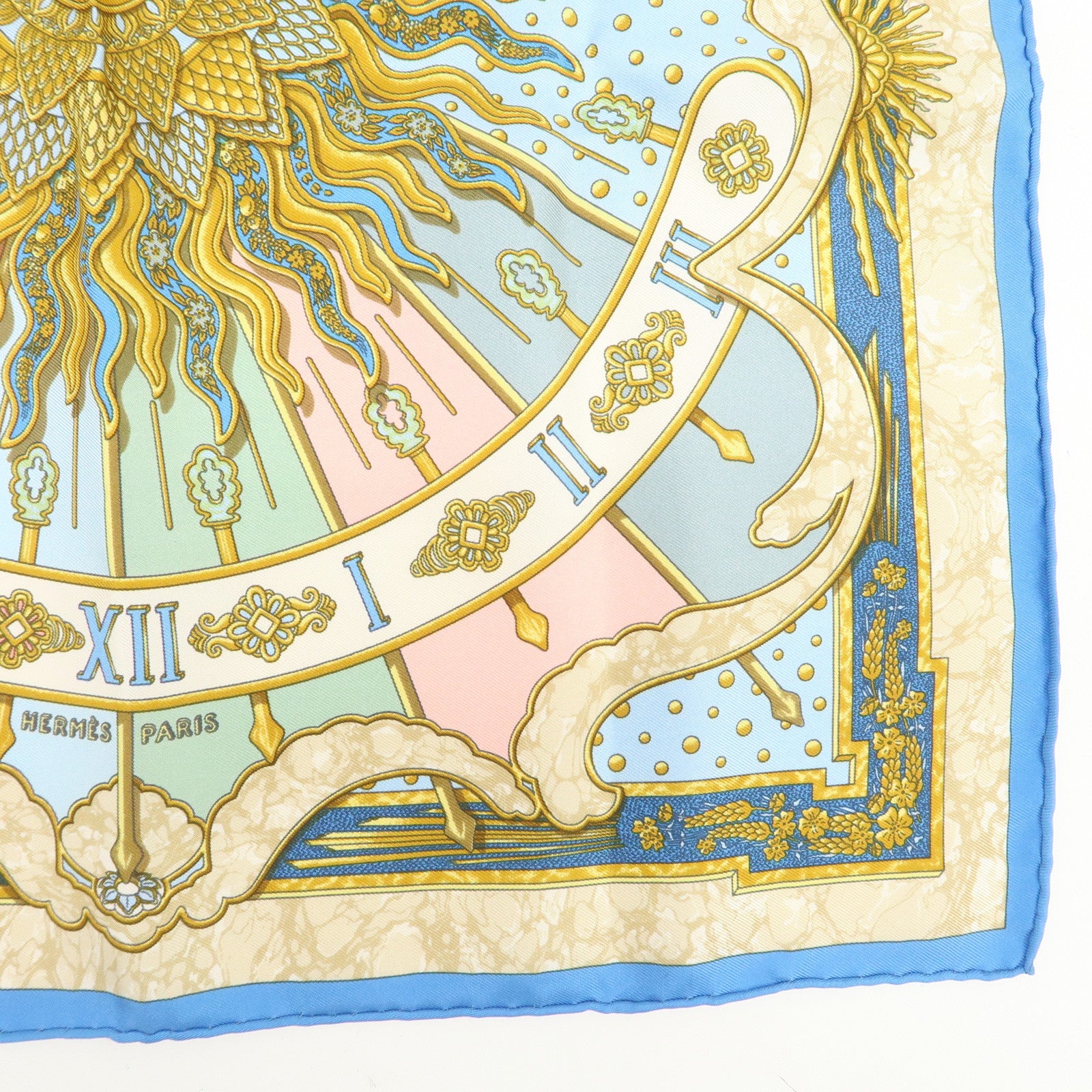 HERMES Petit Carre 40 Silk 100% GLORIA SOL Mini Scarf Beige Blue