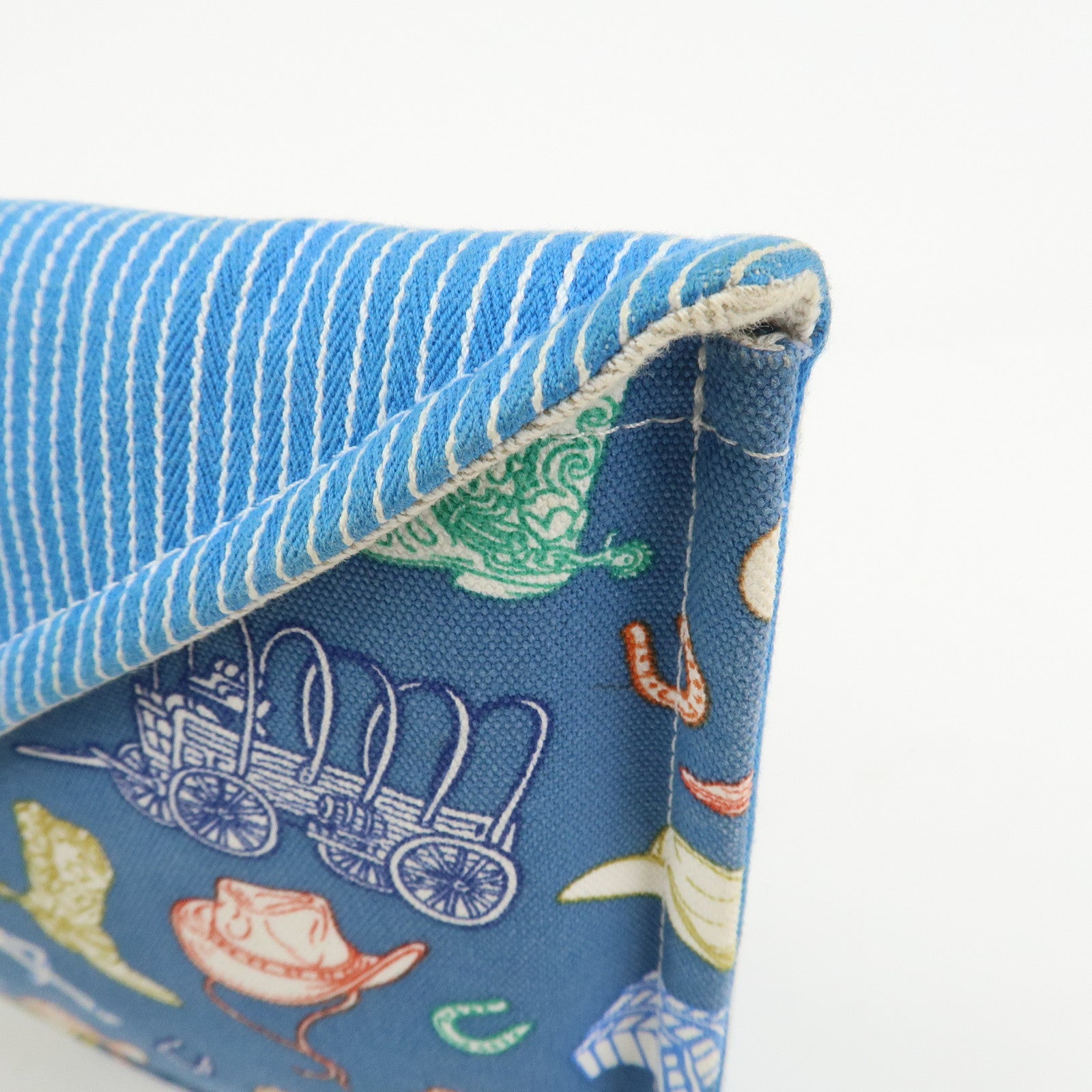 HERMES Cotton Western Motif Pouch Cosmetic Pouch Blue Multicolor