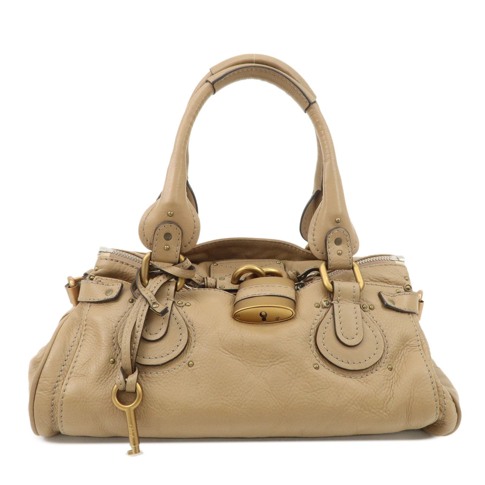 Chloe Paddington Leather Hand Bag Shoulder Bag Medium Beige Used