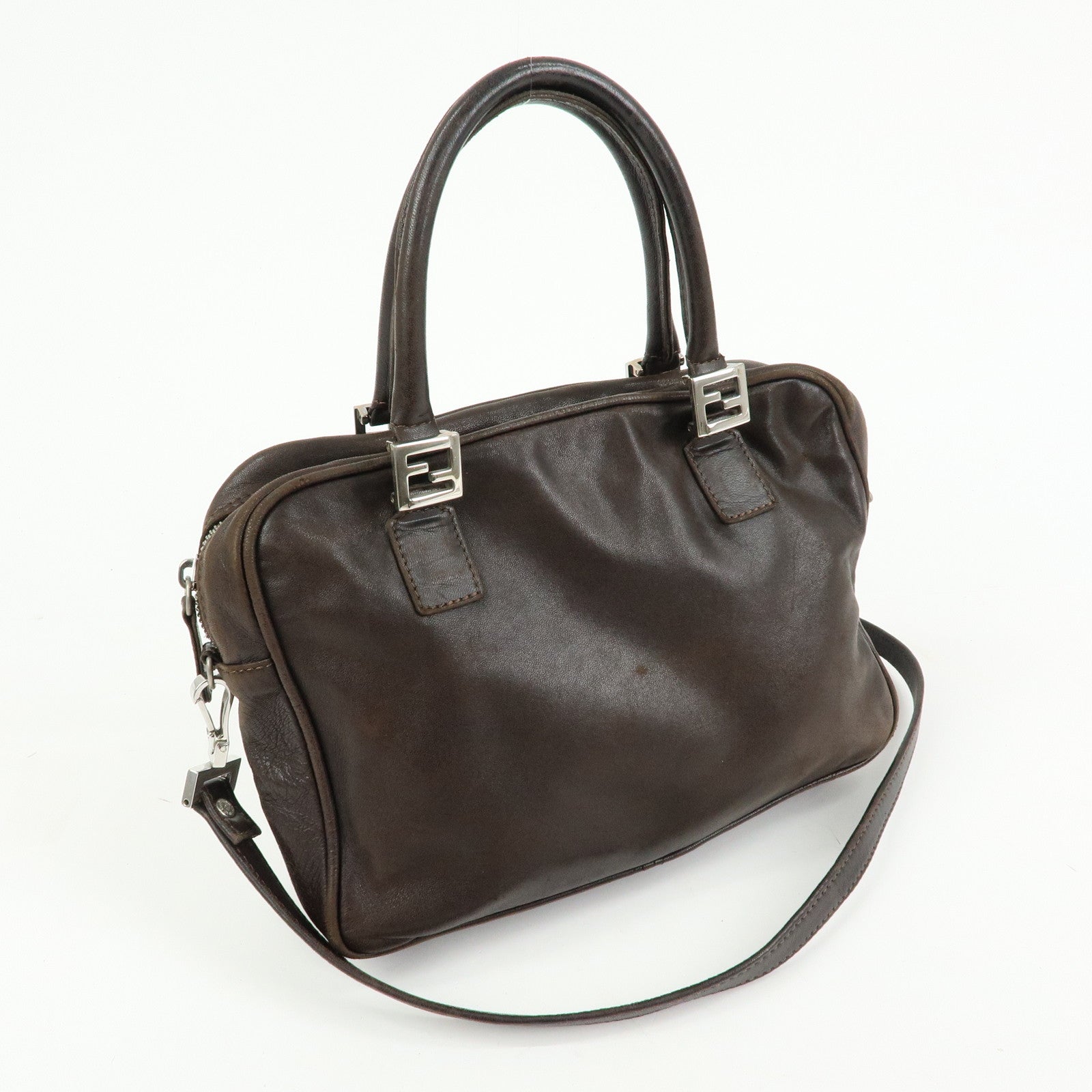 FENDI Leather 2Way Bag Hand Bag Shoulder Bag Brown