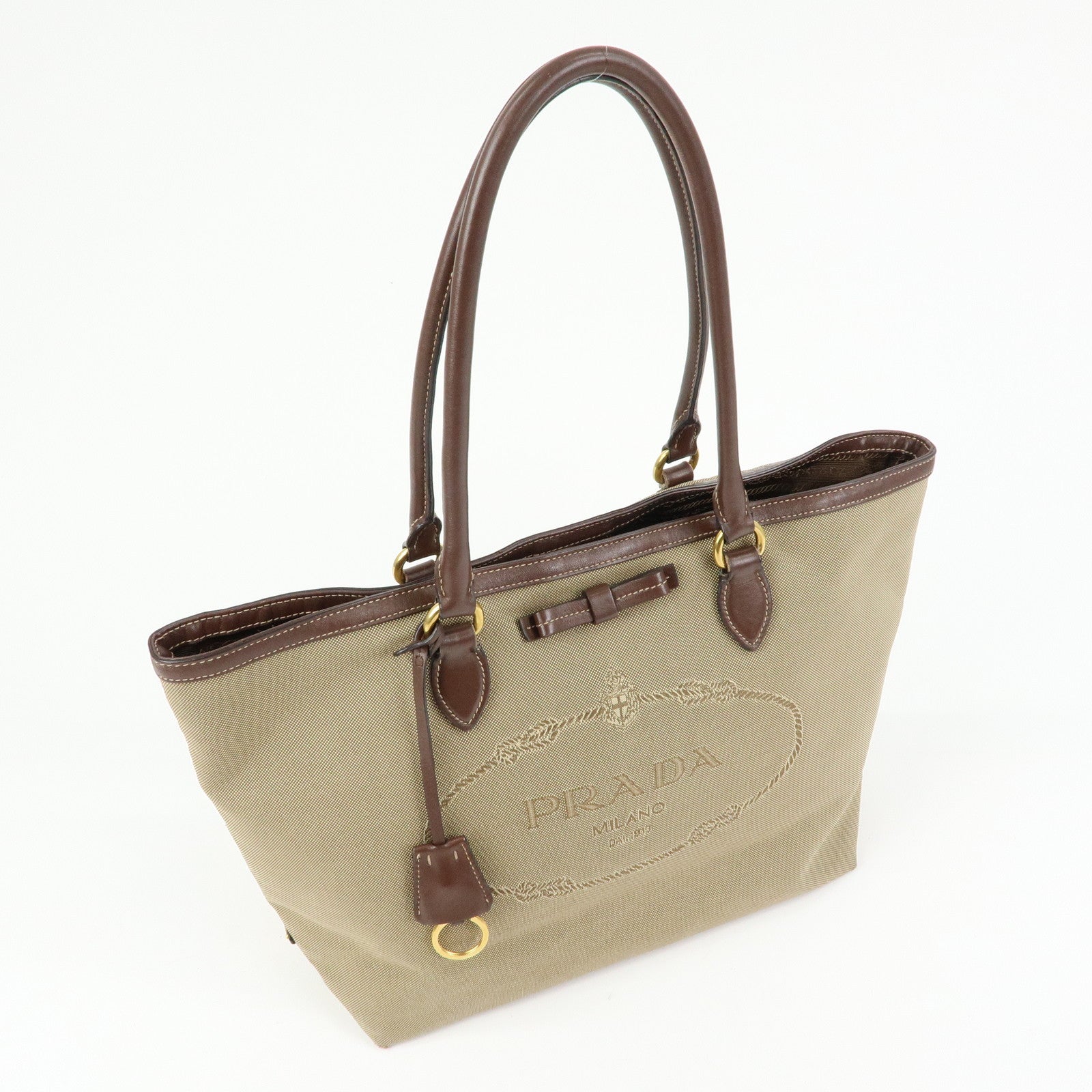 PRADA Triangle Logo Jacquard Leather Tote Bag Beige Brown 1BG158