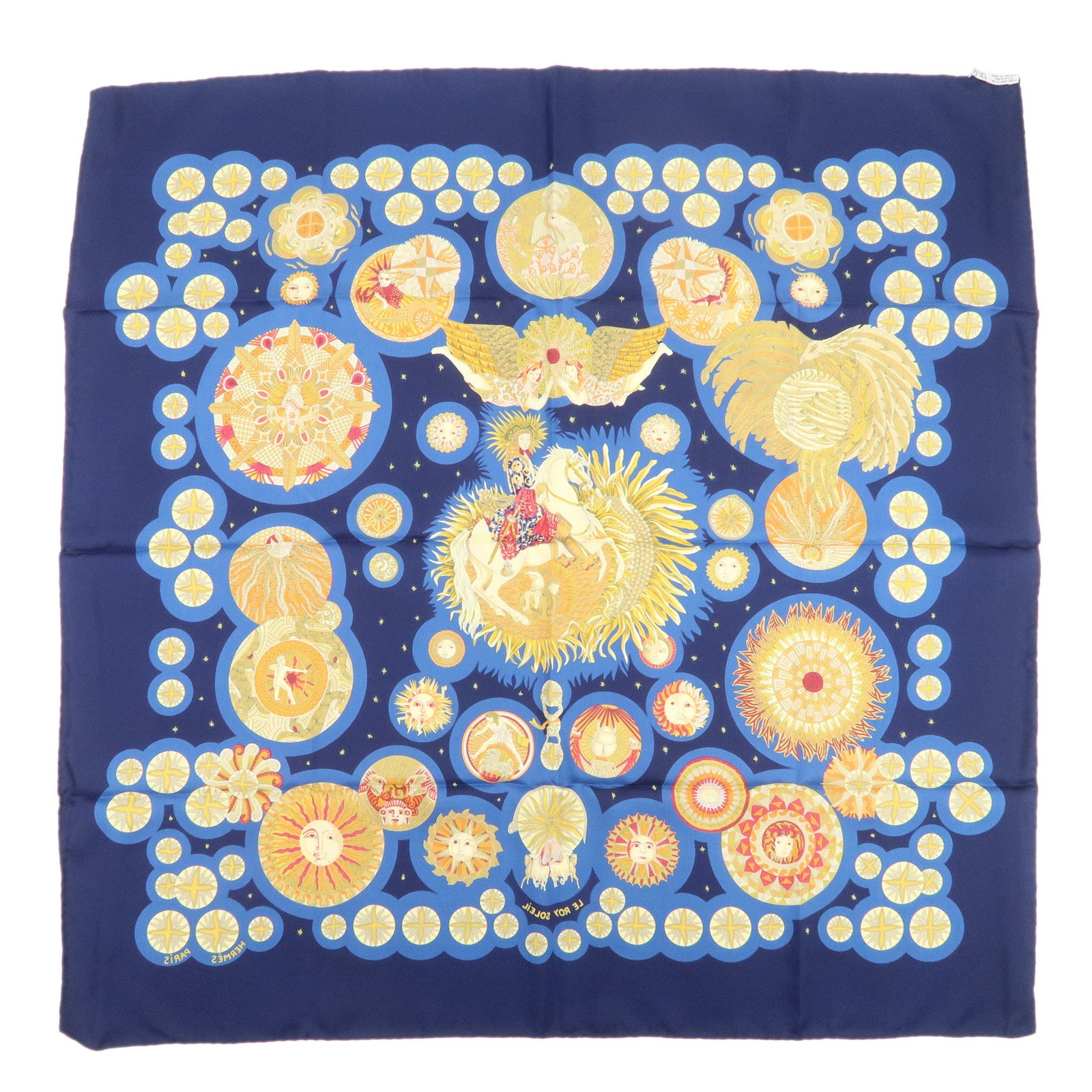HERMES Carre 90 Silk 100% Scarf LE ROY SOLEIL Navy Yellow