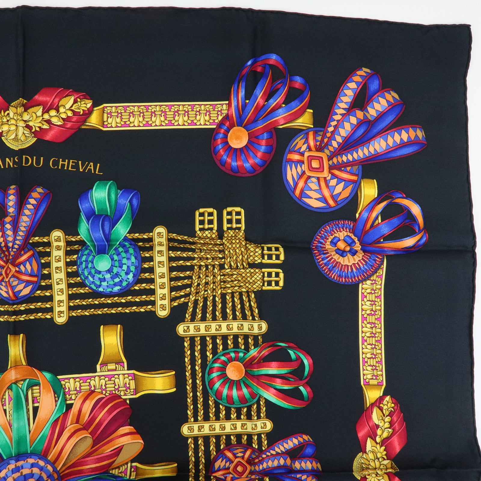 HERMES Carre 90 Silk 100% LES RUBANS DU CHEVAL Scarf Black