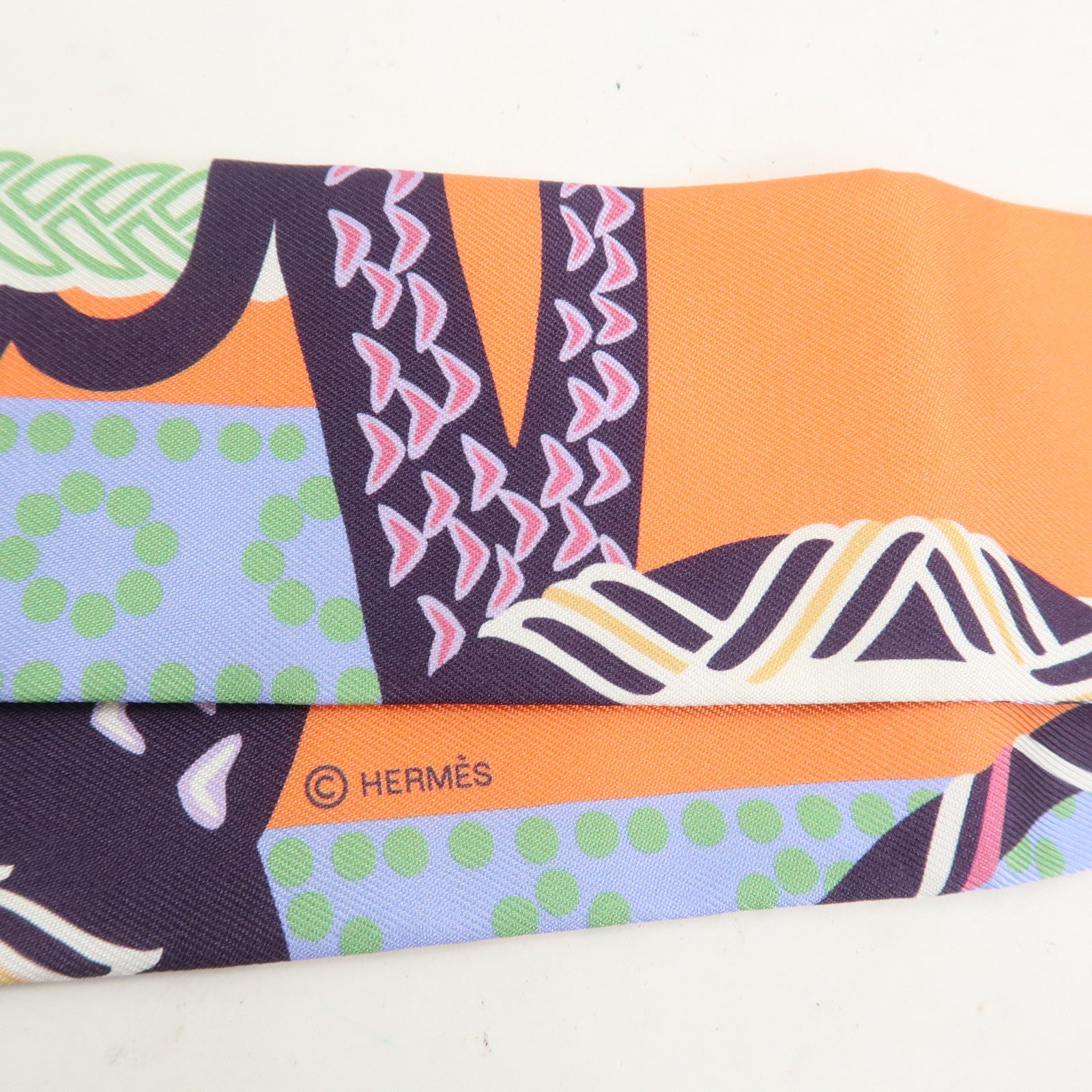 HERMES Twilly Silk 100% Scarf Fantaisie d'Etriers Orange Blue