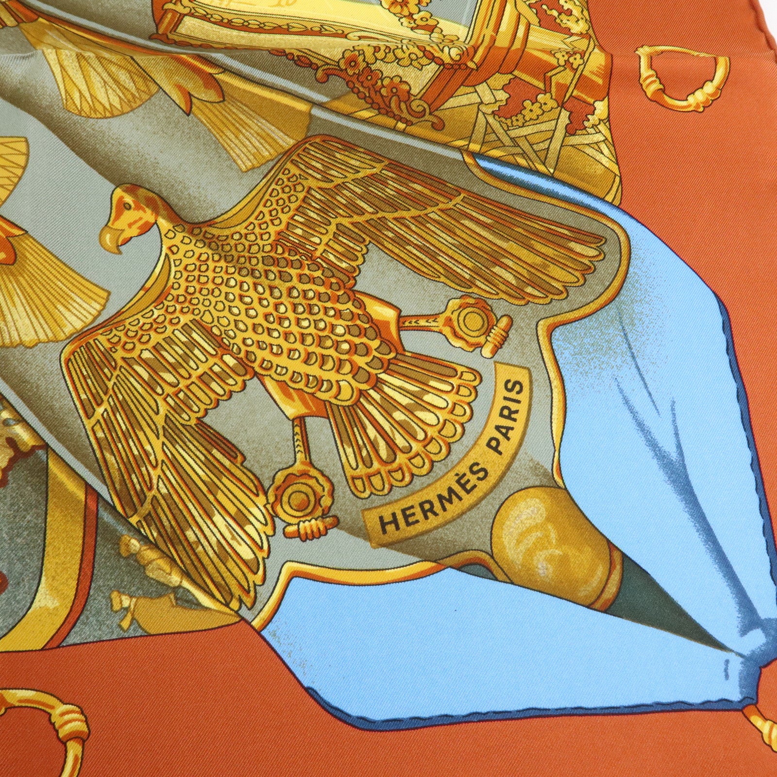 HERMES Carre 90 Silk 100% Soleil de Soie Scarf Gold Brown Blue