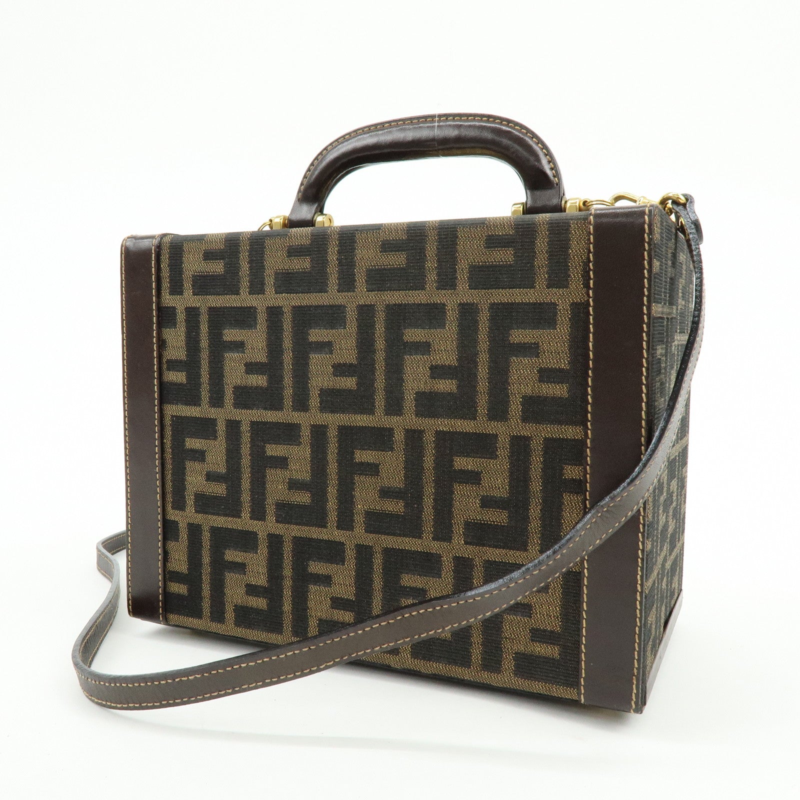 FENDI Zucca Canvas Leather Hand Bag Jewelry Box Brown Black