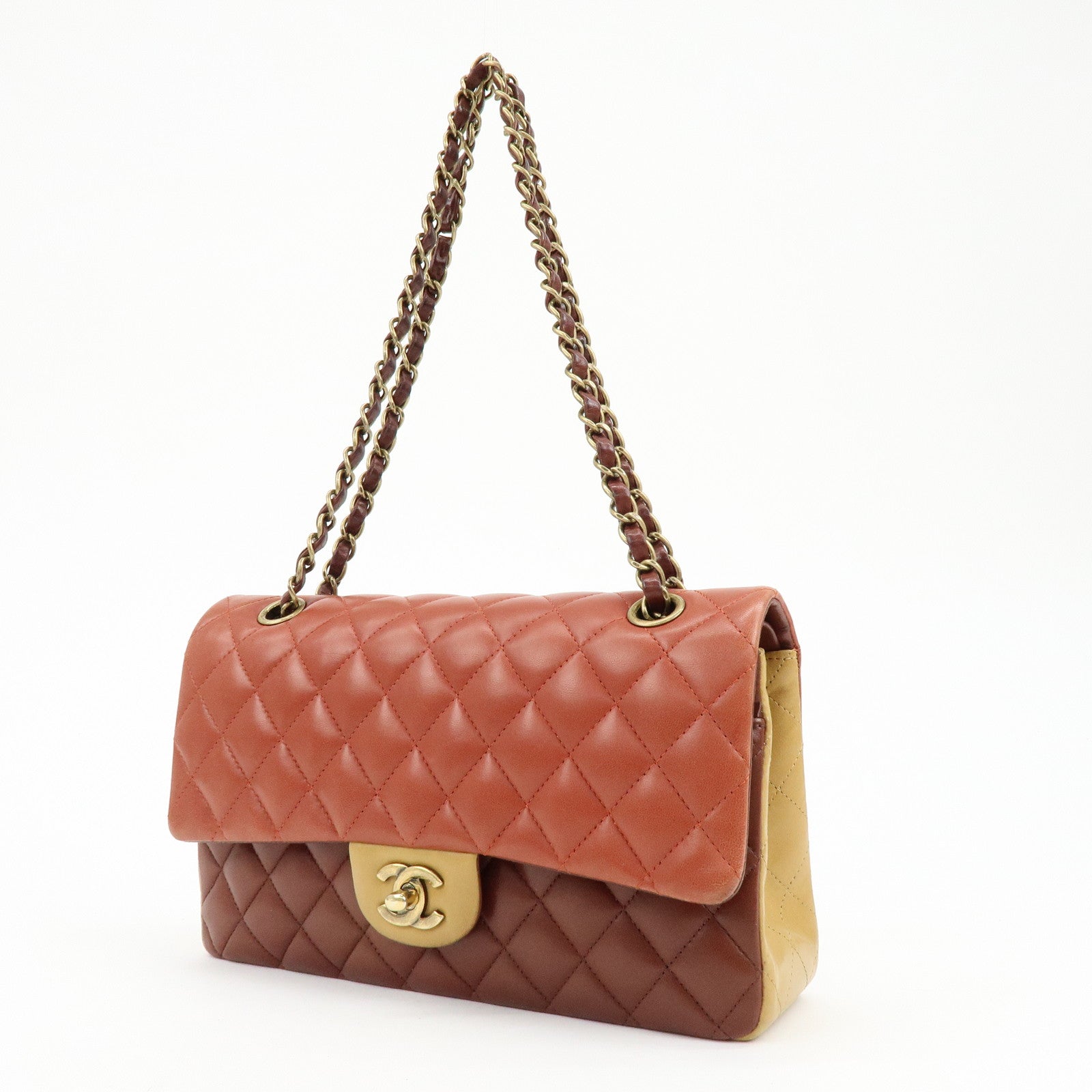 CHANEL Matelasse 25 Double Flap Chain Shoulder Bag Red Brown A01112