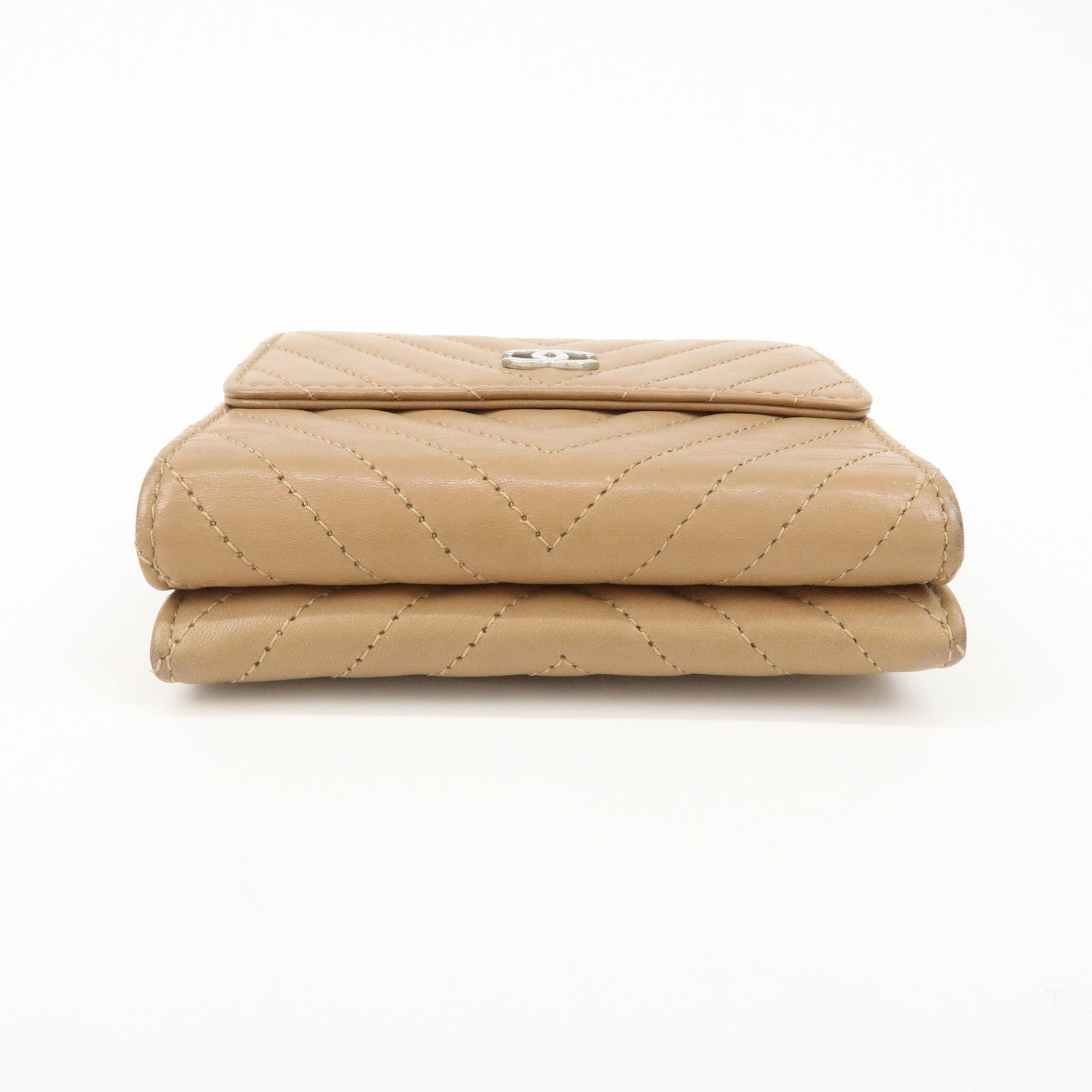 CHANEL Matelasse V Stitch Leather Tri-Fold Wallet Brown A34281