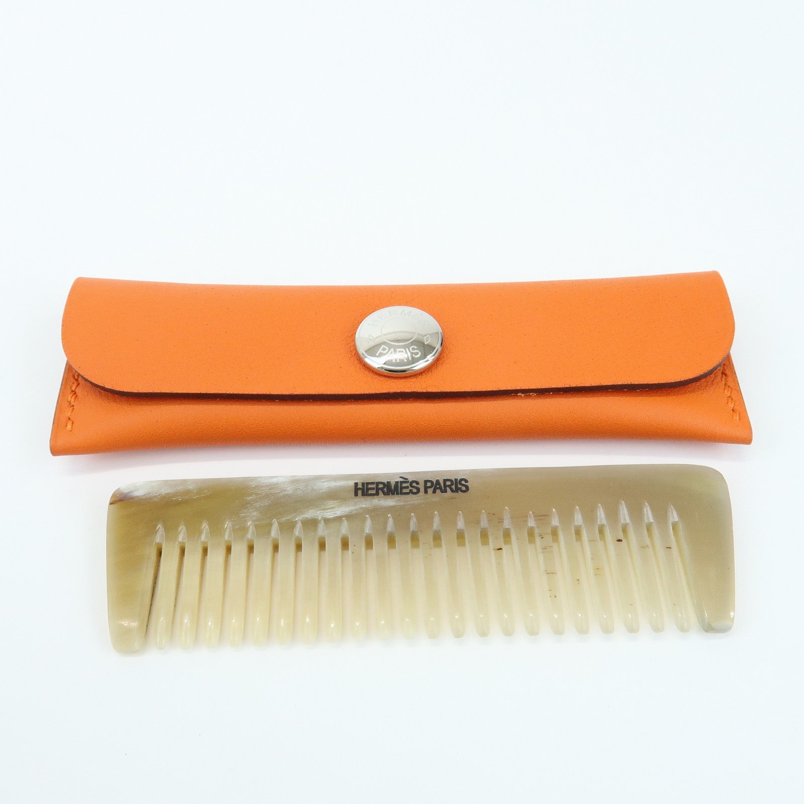 HERMES Etui Peigne Plastic Hair Comb & Leather Case Brown Orange