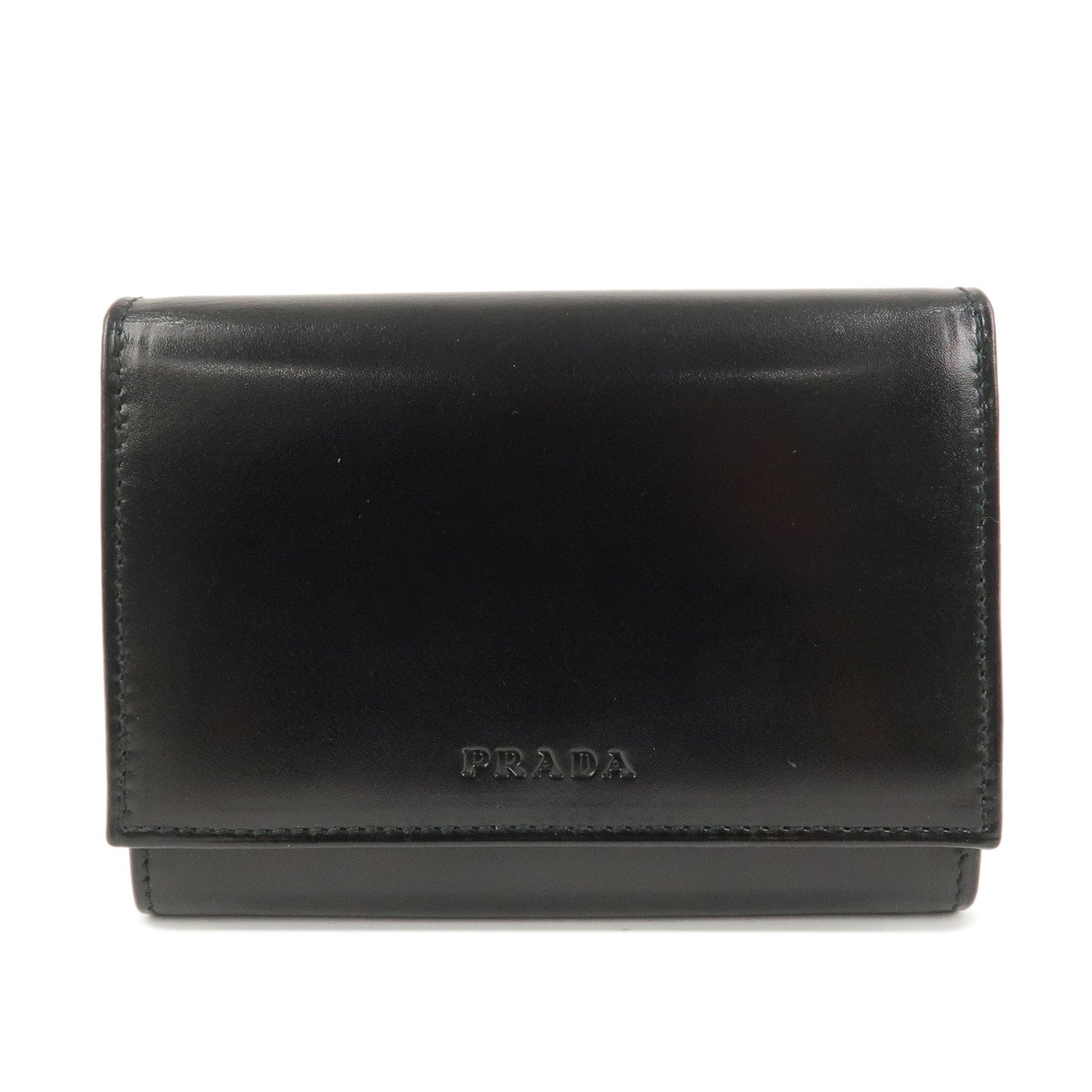 PRADA Logo Leather Compact Wallet Card Case Coin Case Black